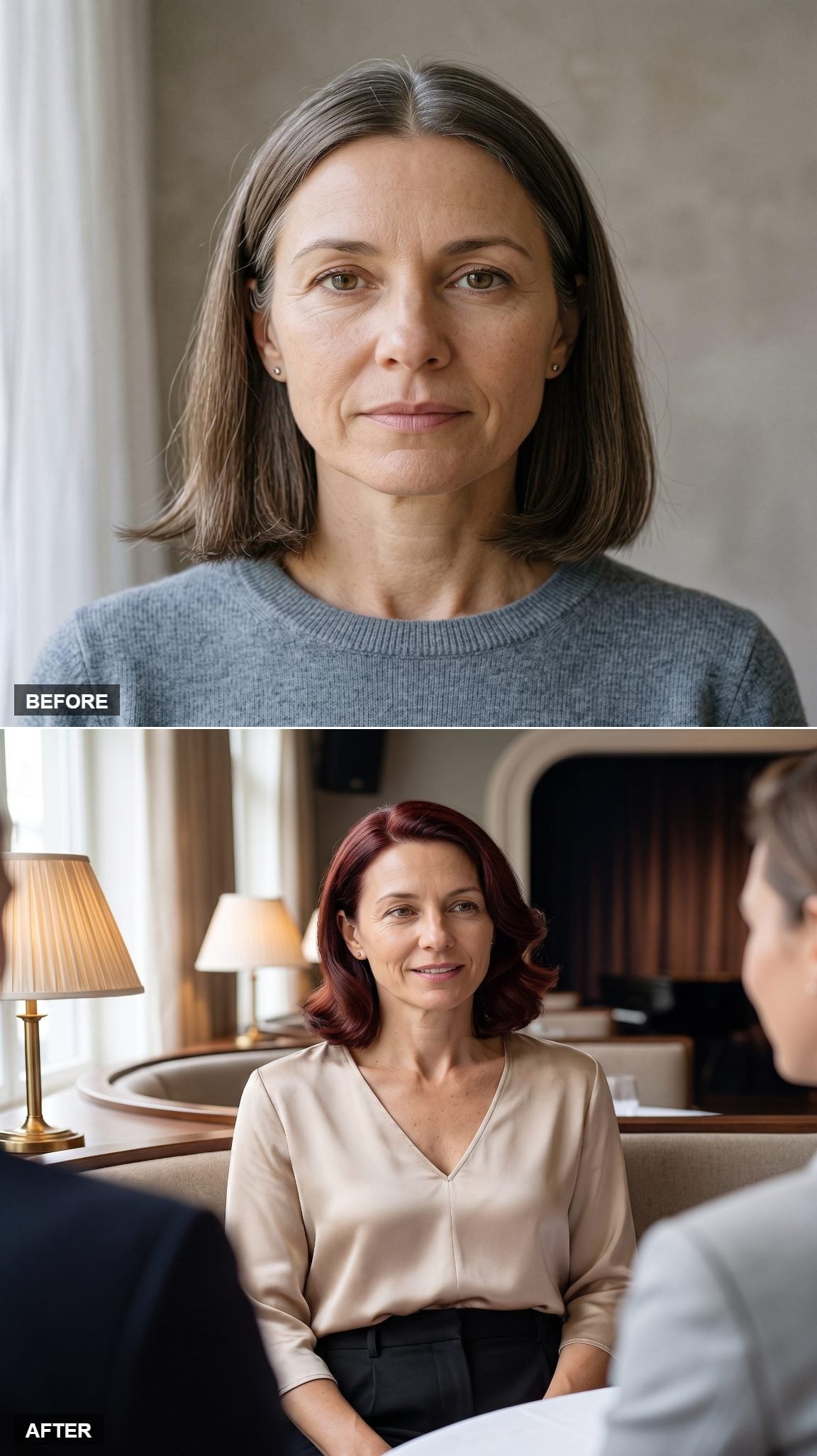Deep burgundy-red shoulder-length bob with soft waves and polished finish