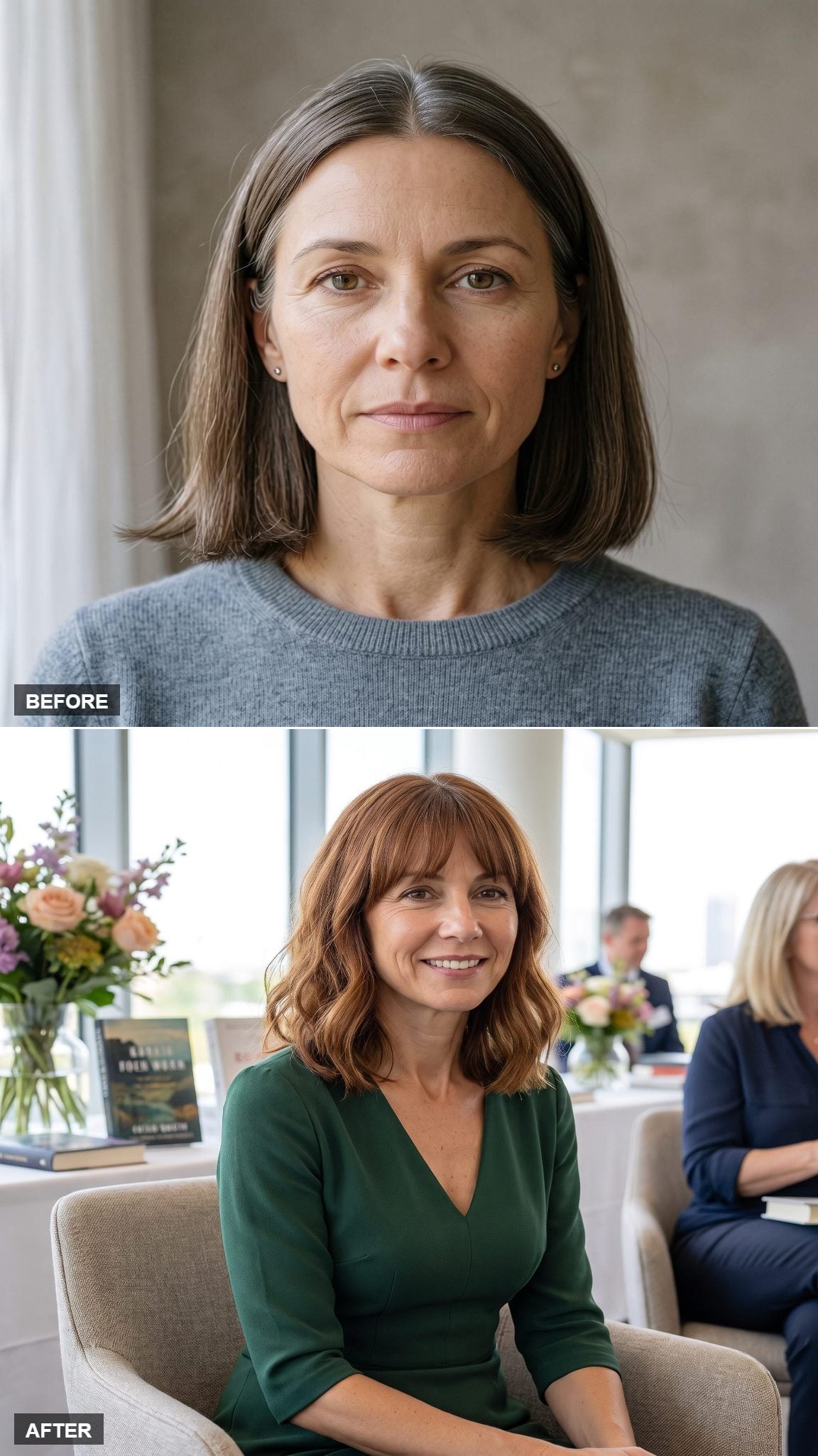 Auburn collarbone-length wavy bob with bangs and soft longer sides