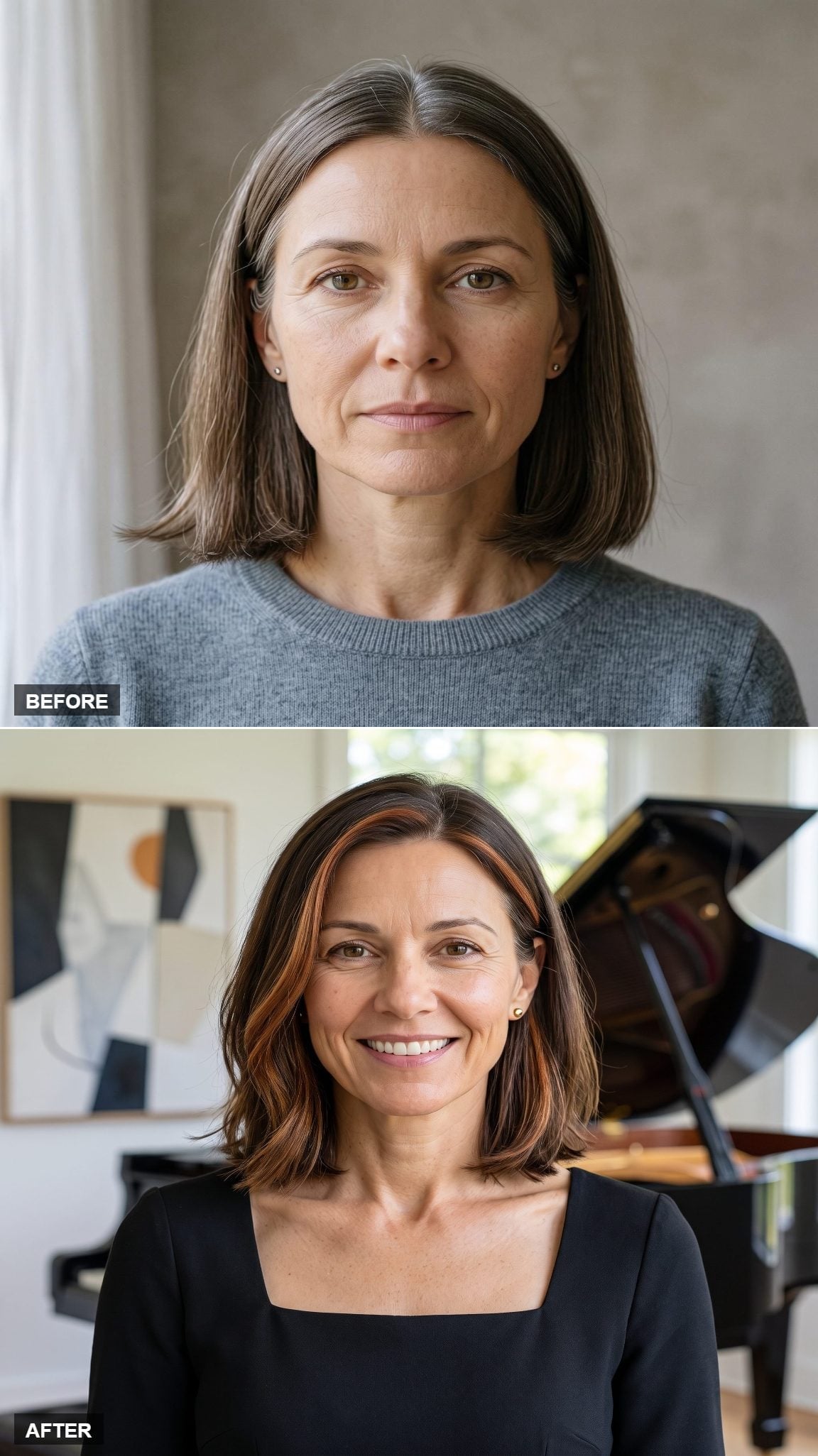 Brunette bob with copper-toned highlights around the face