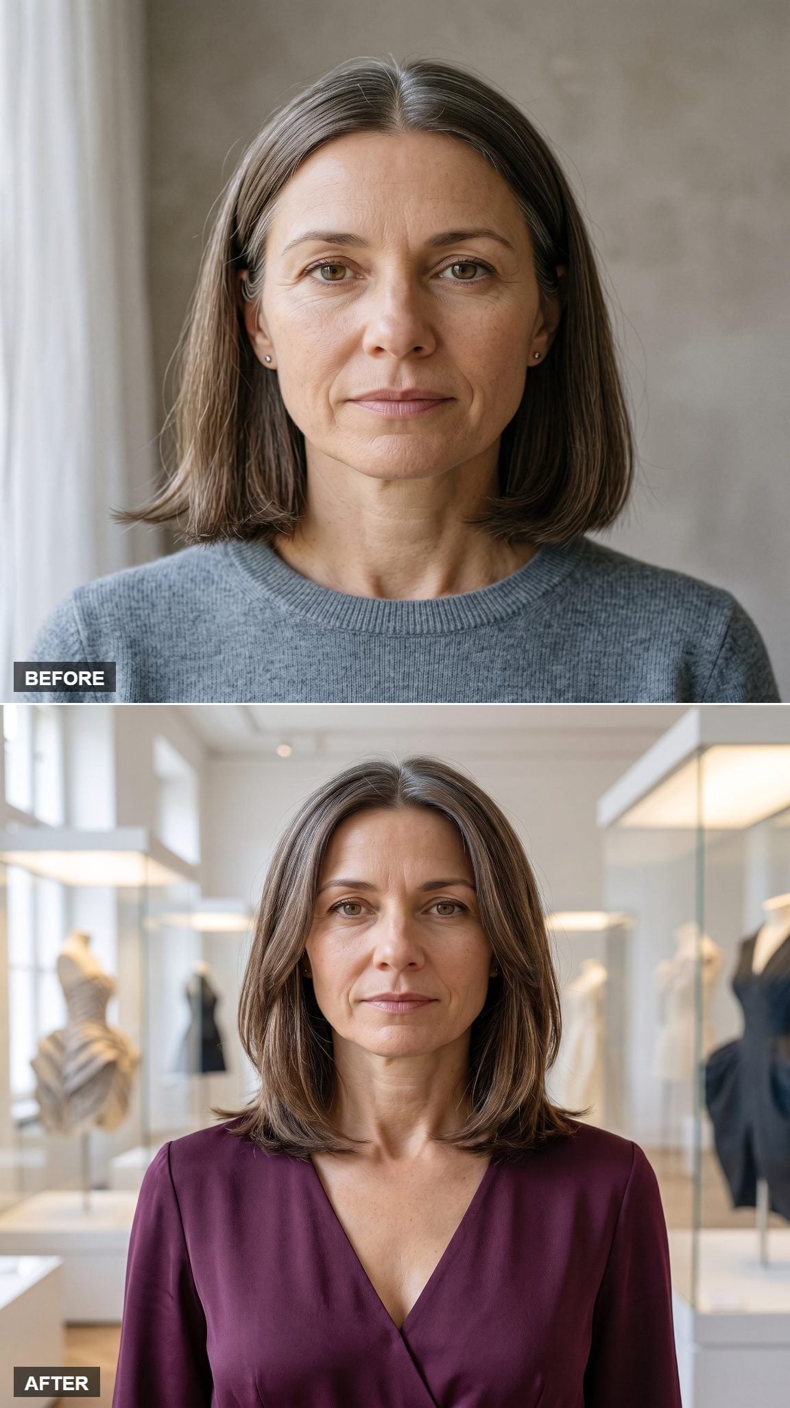 Cool brunette short bob with subtle natural gray near the part