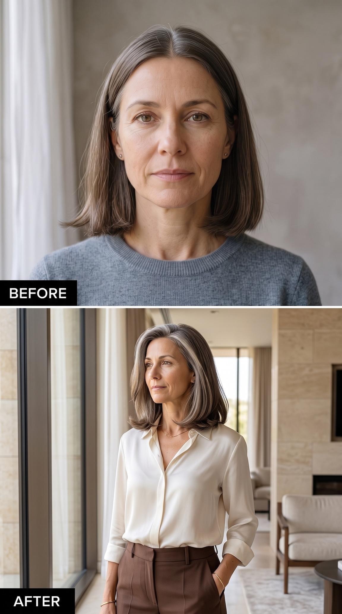 Salt-and-pepper bob with soft blowout and longer layered sections