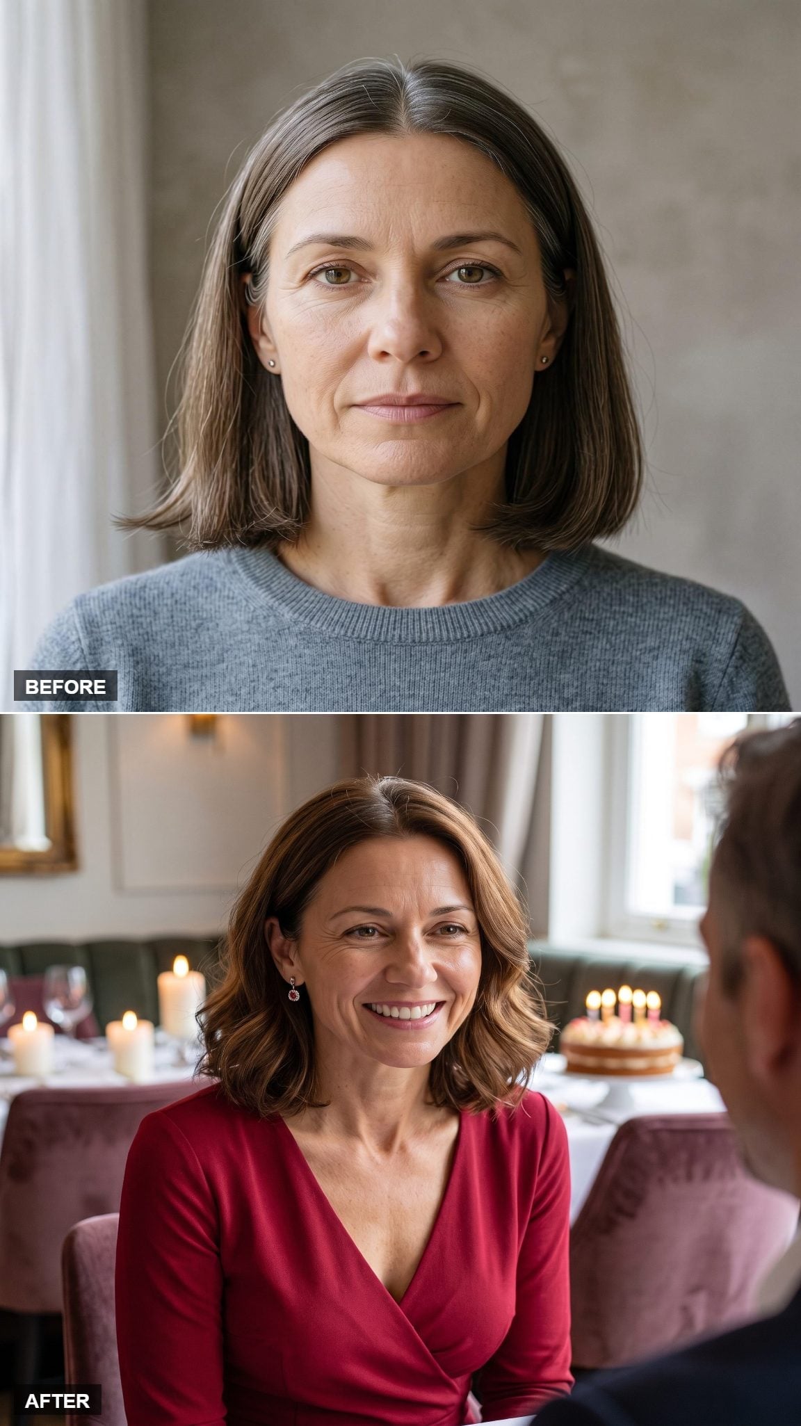 Warm chestnut wavy lob extending just beyond the collarbone
