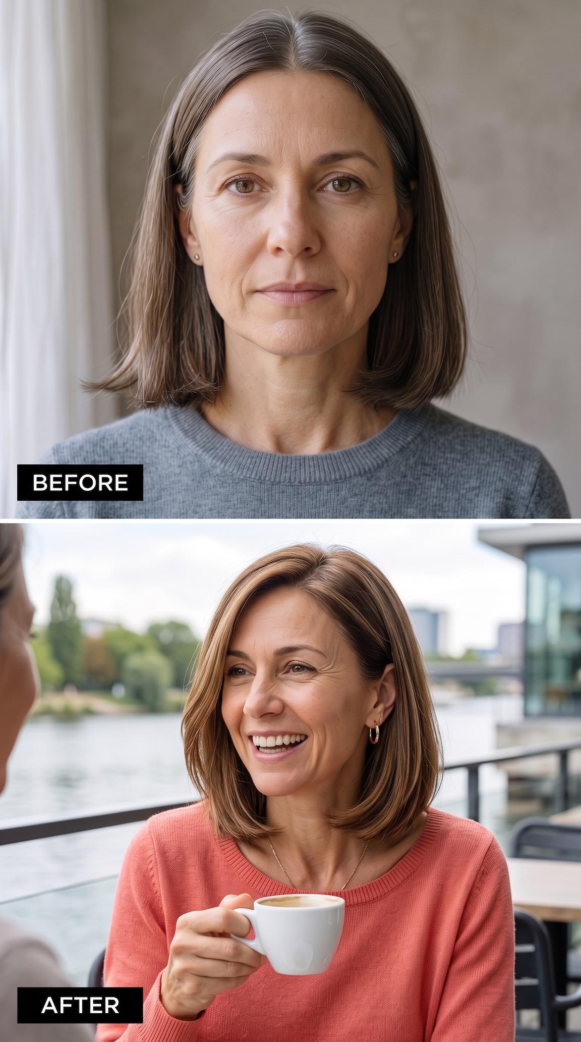 Warm brown collarbone-length lob with soft blowout and gently curved ends