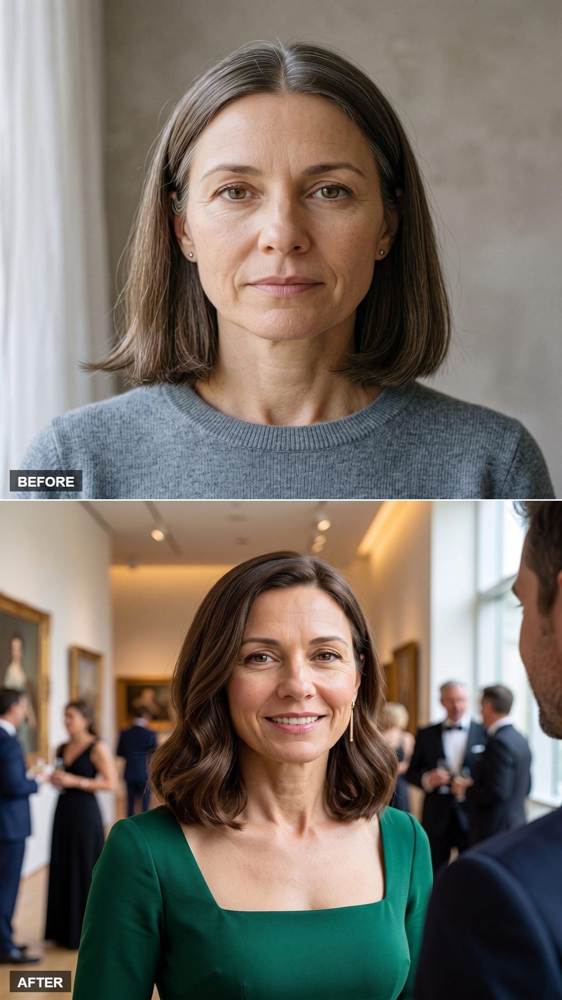 Rich brown chin-grazing bob with soft waves around the lower face
