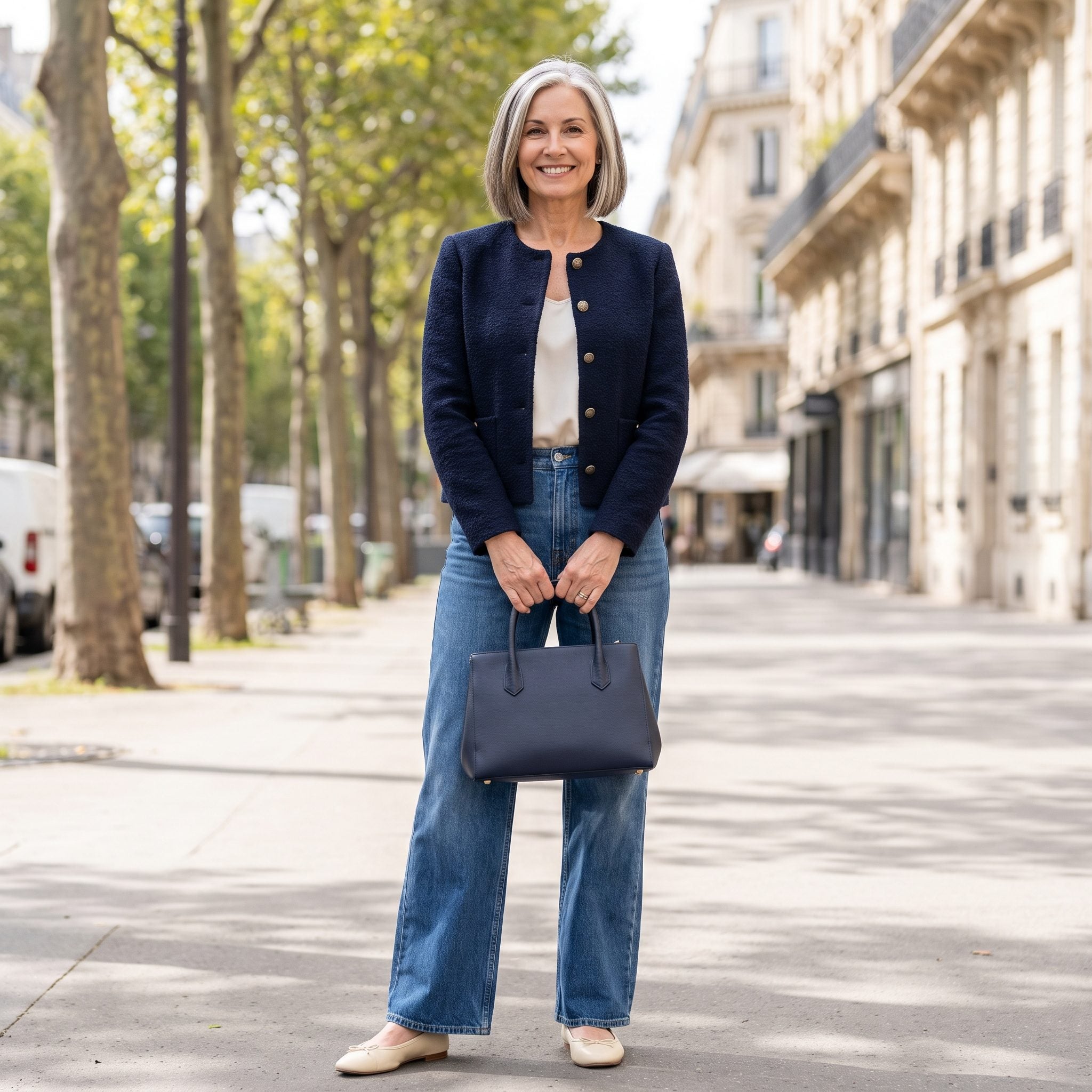 Medium-Blue Wide Legs + a Cropped Navy Bouclé Jacket