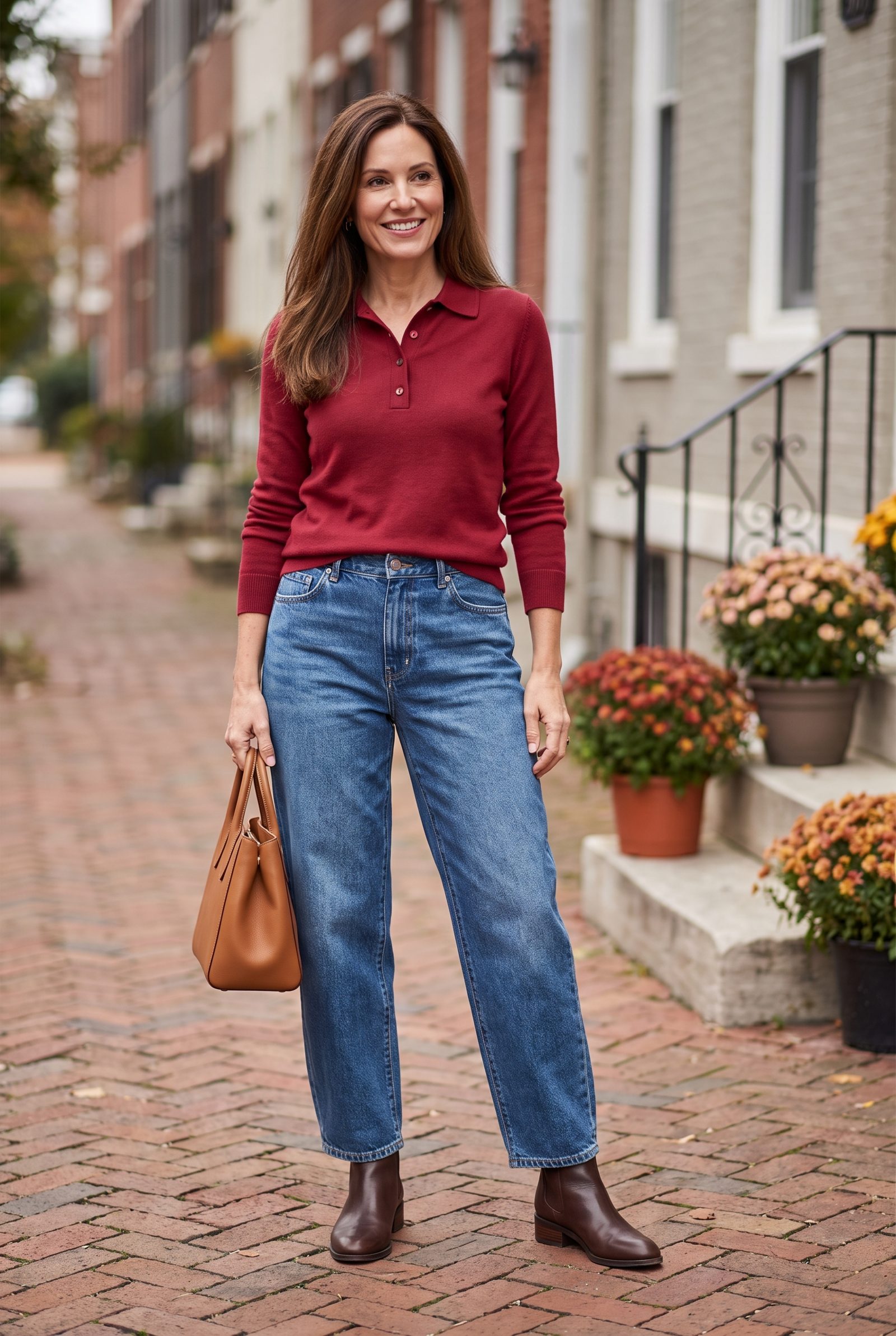 Medium-Wash Barrel Jeans + Cranberry Polo Knit
