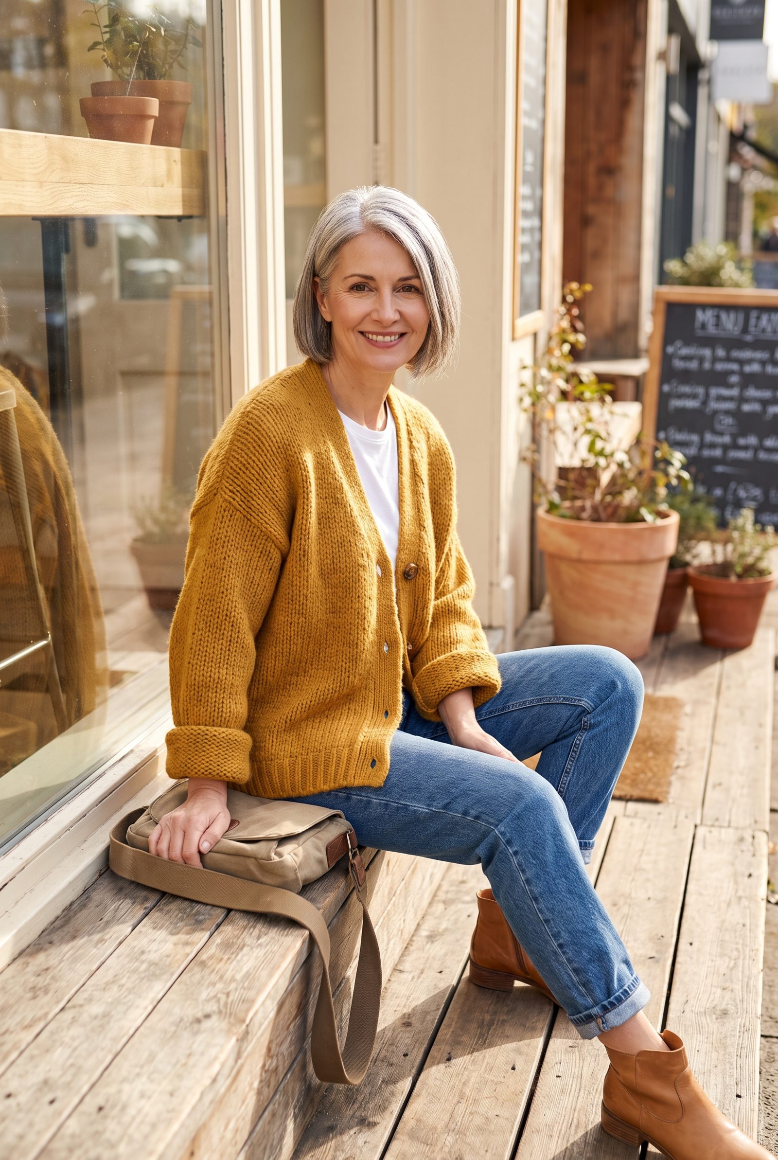Medium-Wash Mom Jeans + Mustard Cardigan