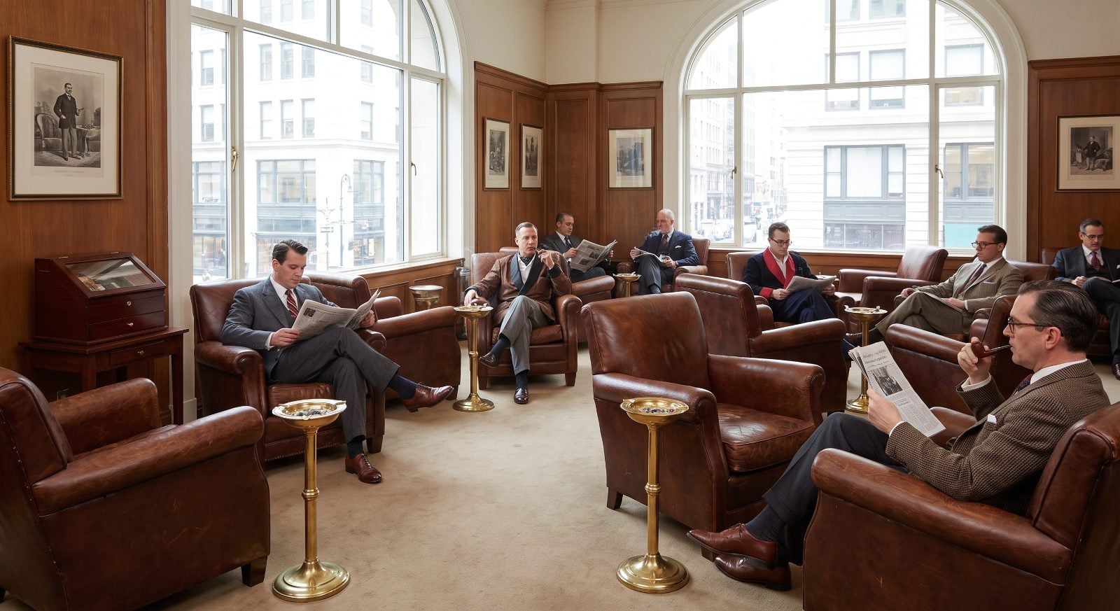 Men's Smoking Rooms With Deep Leather Chairs and Standing Ashtrays