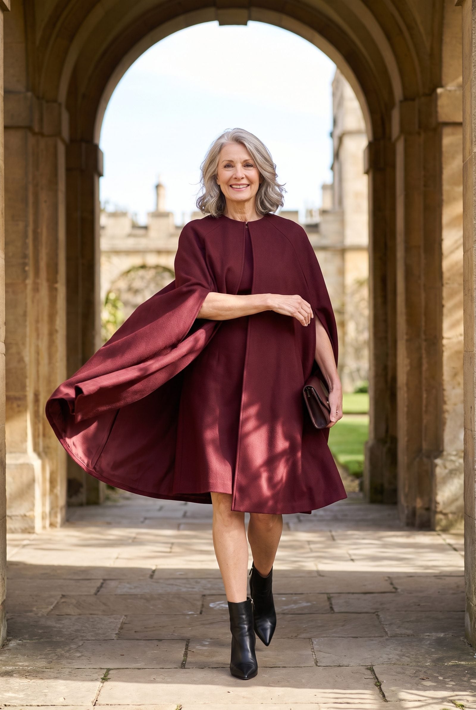 Merlot Cape Dress With Pointed Ankle Boots