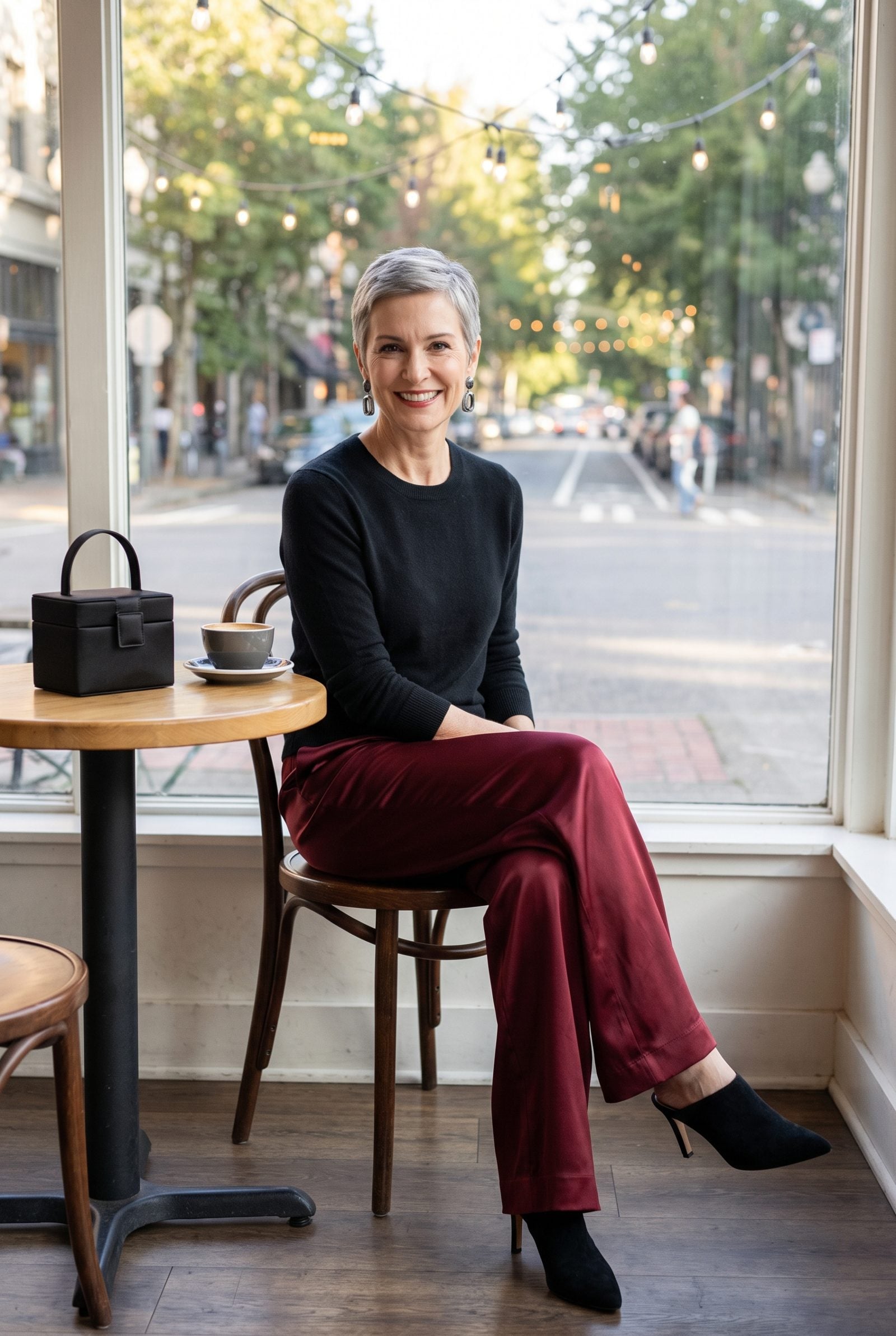 Merlot Satin Pants With a Fine Black Knit