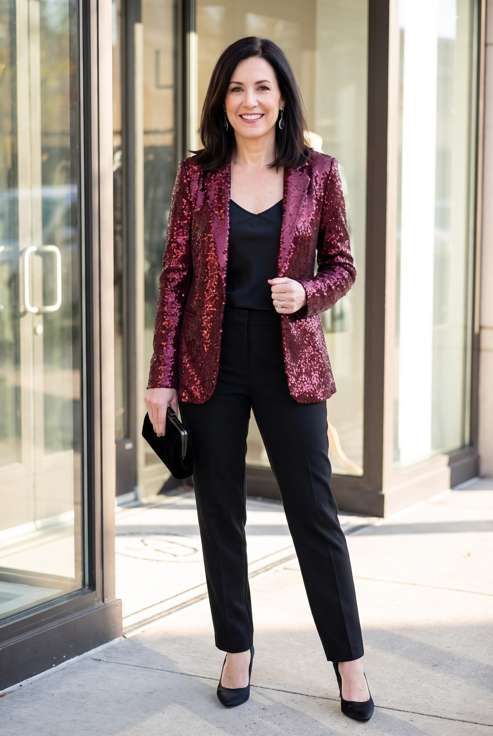 Merlot Sequin Blazer With Matte Black Trousers