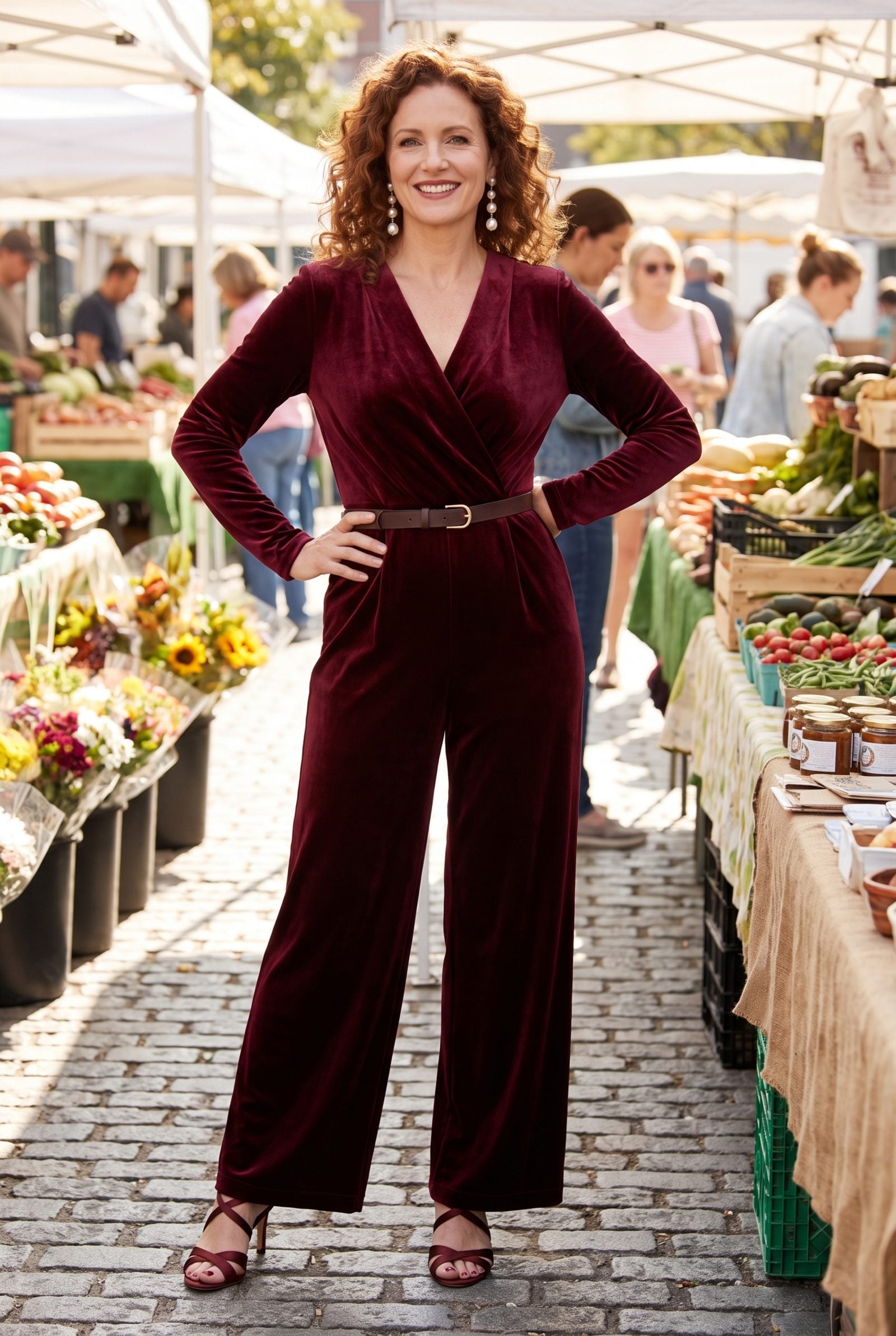 Merlot Velvet Jumpsuit With Pearl Drop Earrings