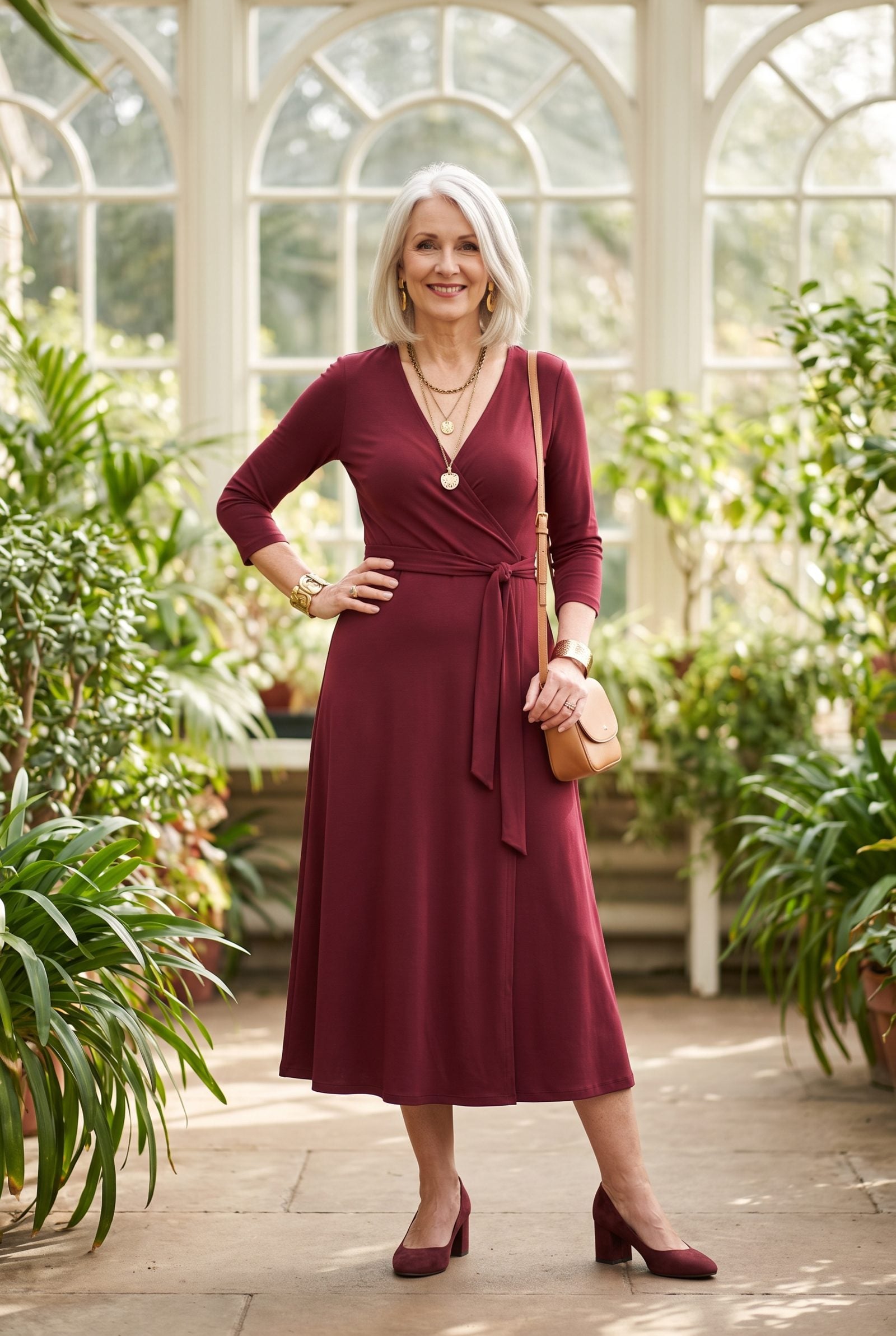 Merlot Wrap Dress With Antique-Gold Jewelry