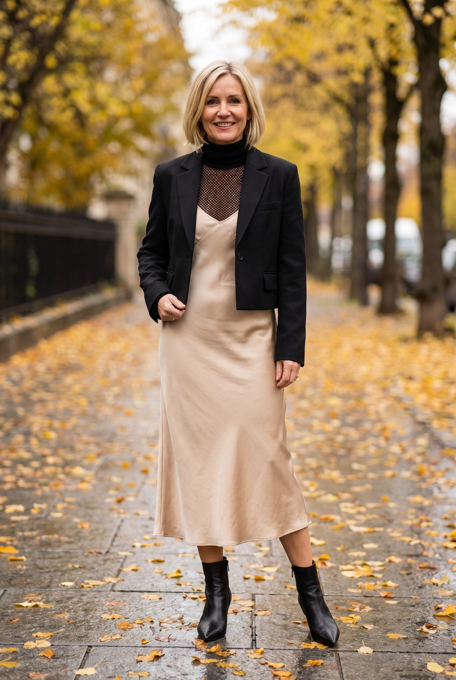 Mesh Turtleneck + Slip Dress + Cropped Blazer