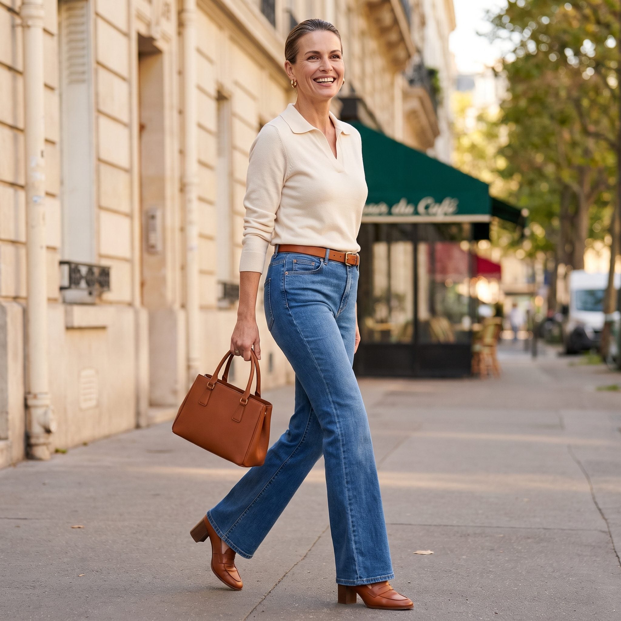 Mid-Blue Flares + a Cream Knit Polo