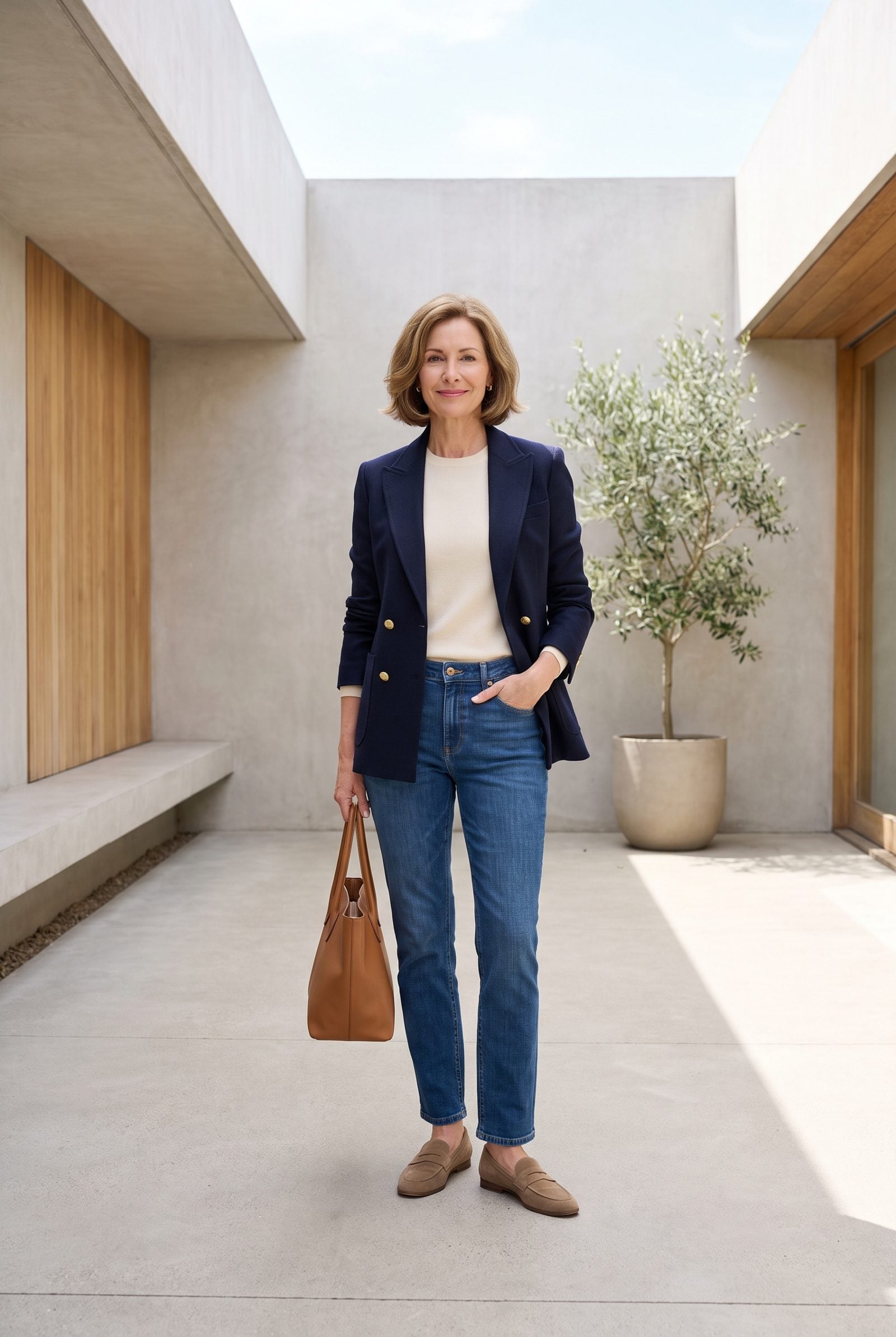 Woman on a sidewalk wearing a mid-rise straight-leg medium-wash jean with a tucked white tee, waistband sitting below the