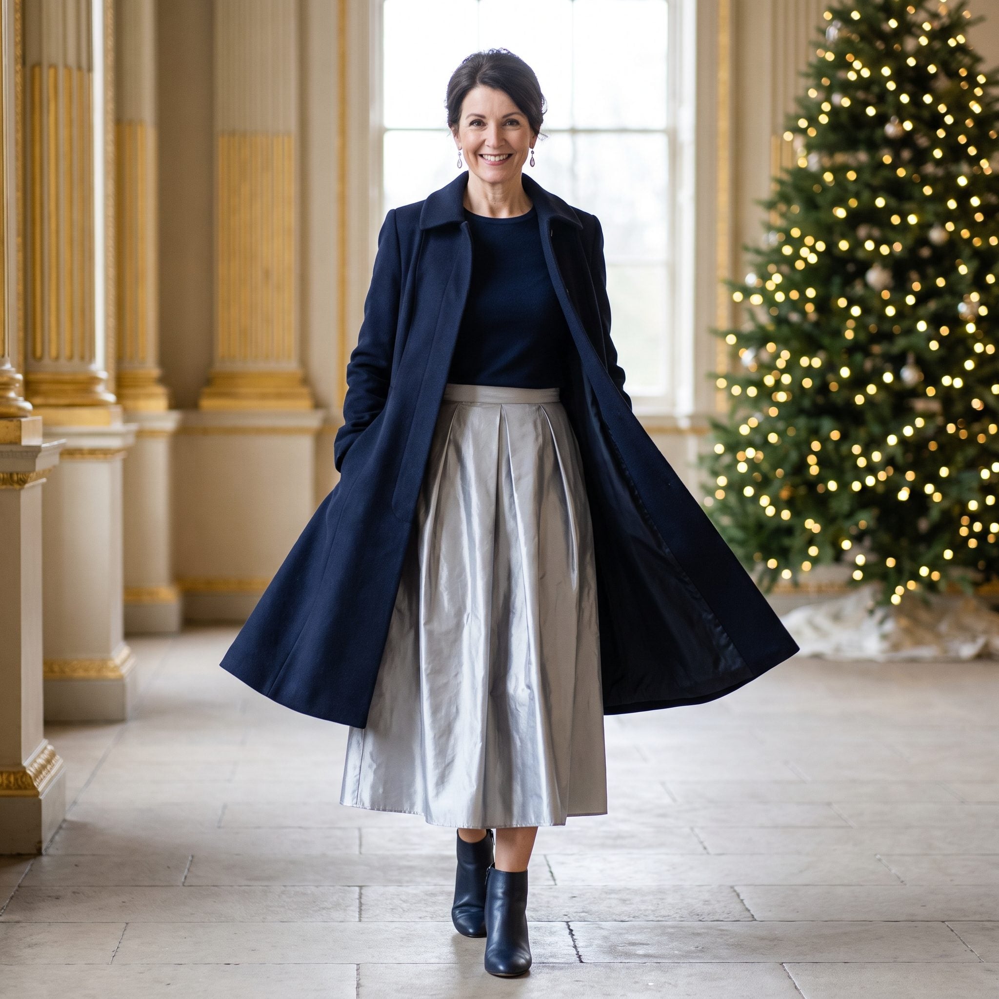 Midnight-blue flared coat worn over a voluminous silver taffeta skirt