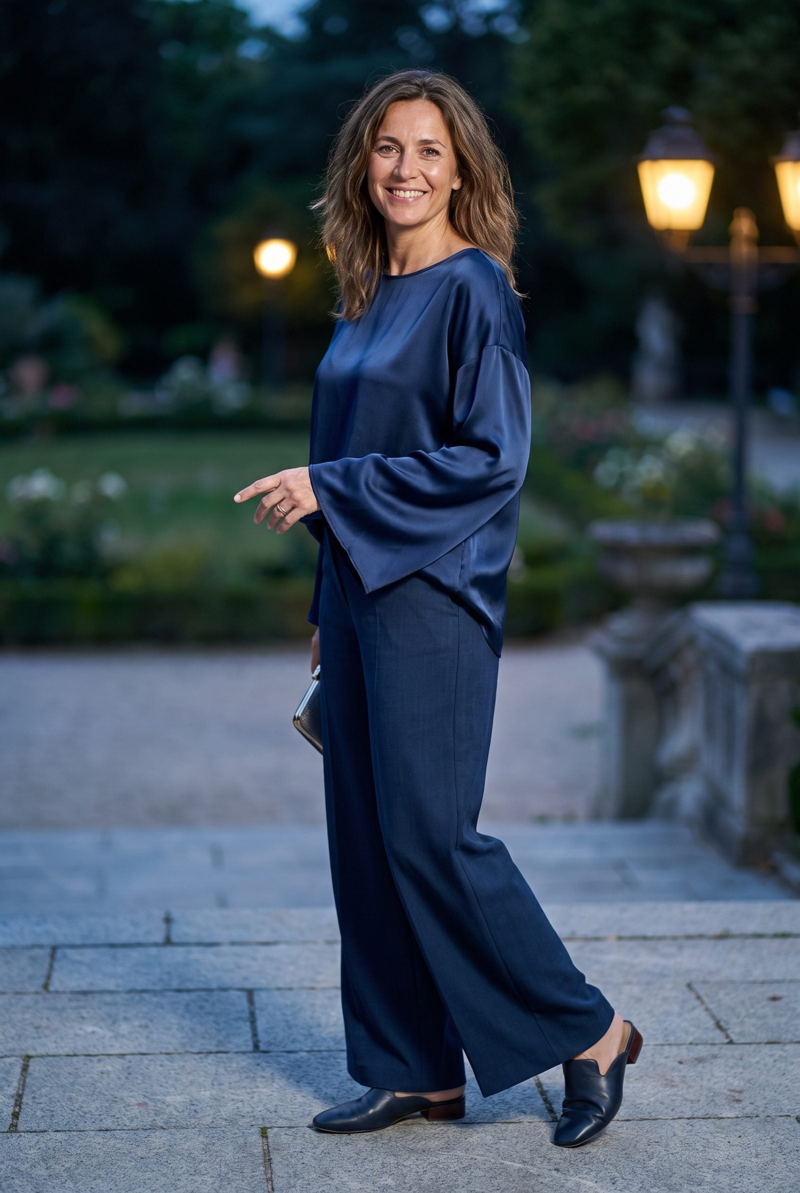 Midnight-Blue Satin Blouse With Wide-Leg Trousers