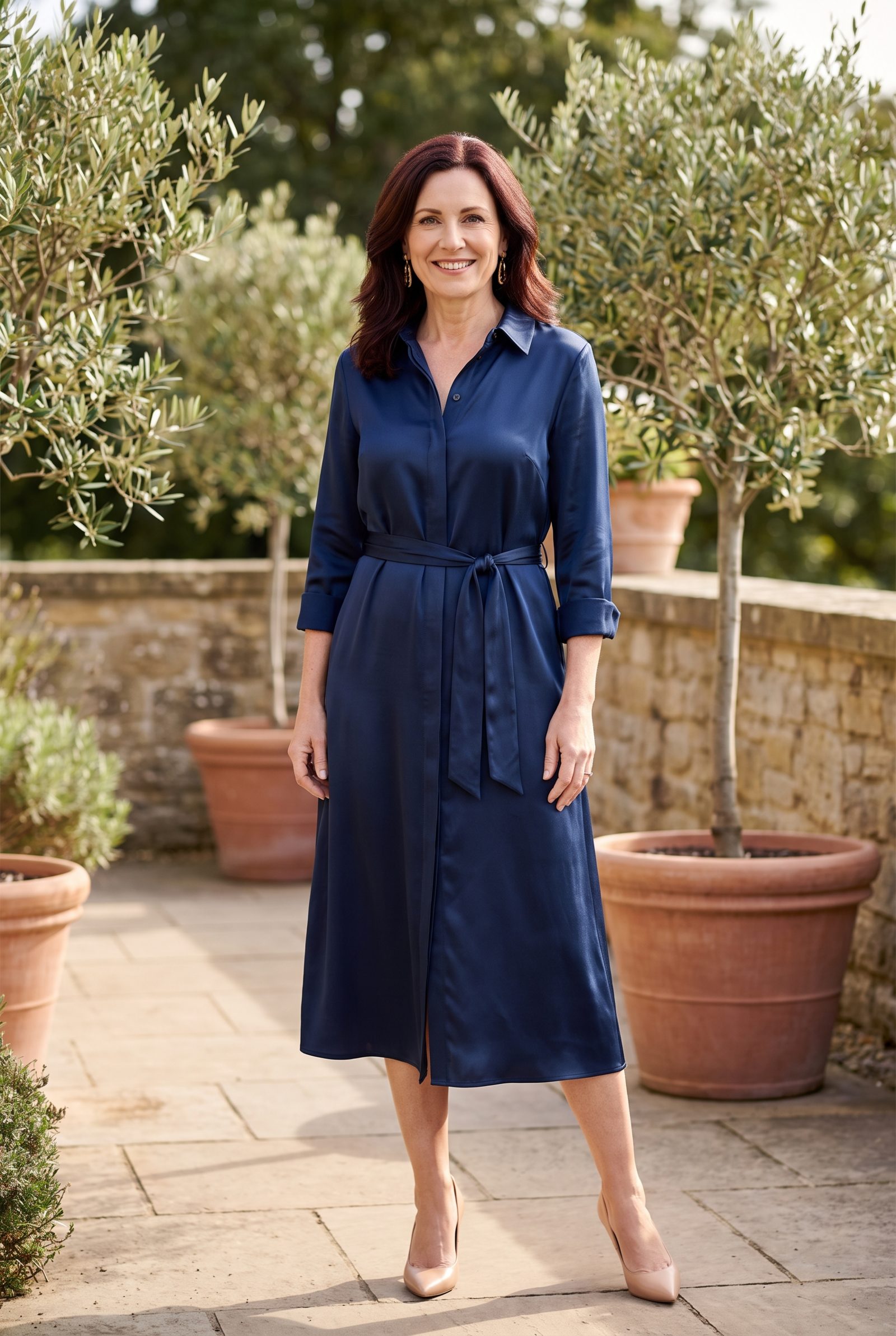 Midnight-Blue Satin Shirtdress With a Tie Belt