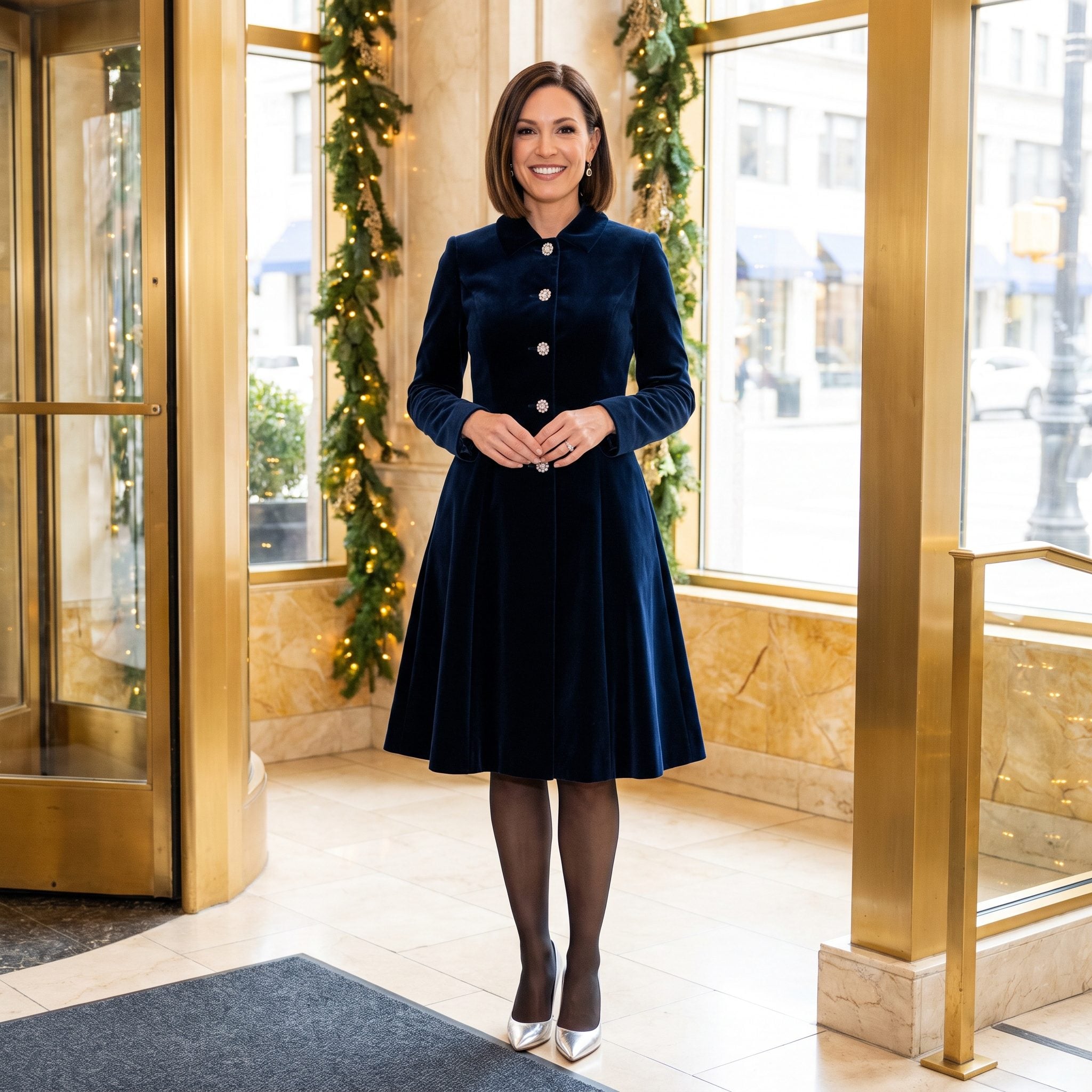 Midnight-Blue Velvet Evening Coatdress