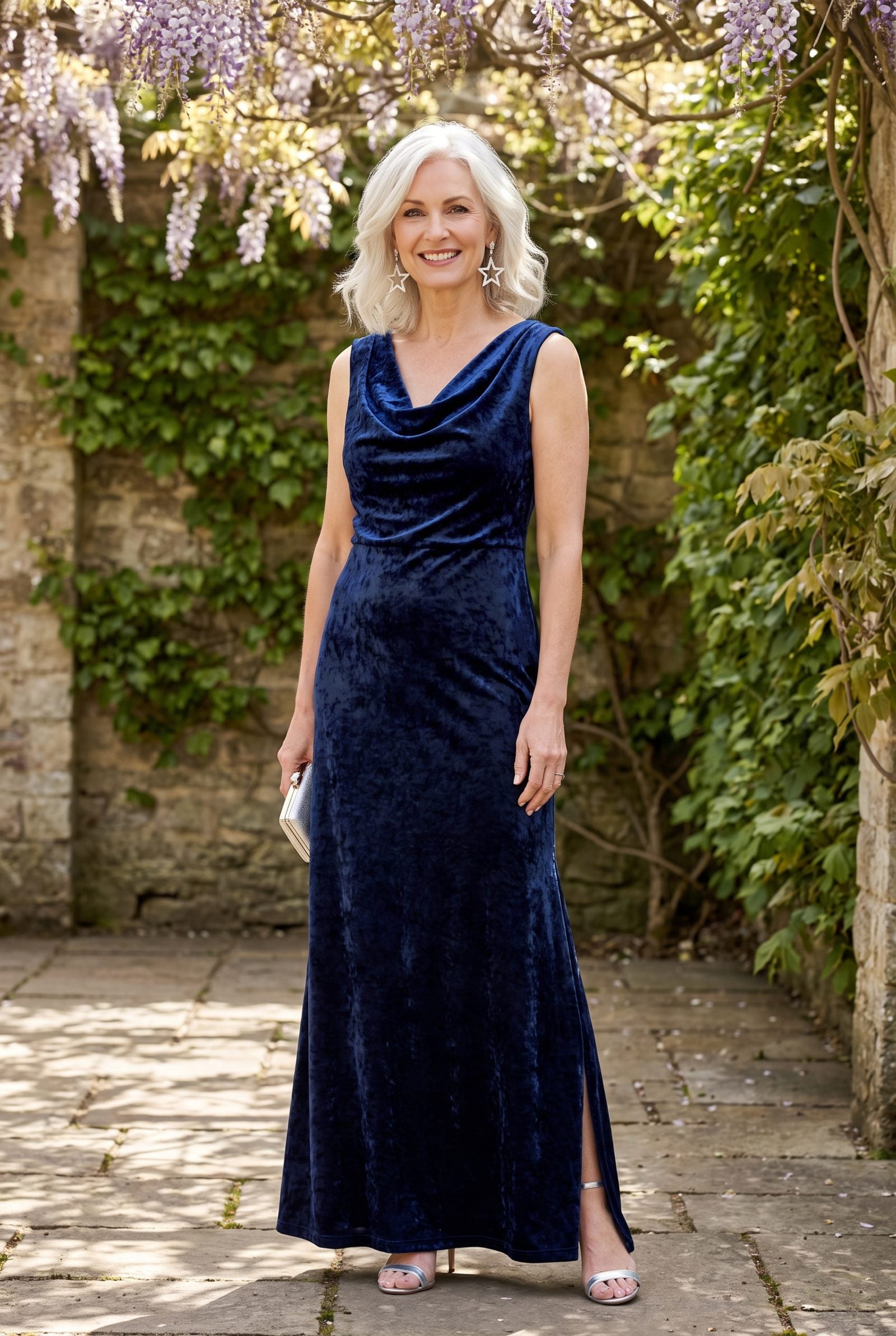 Midnight-Blue Velvet Gown With Silver Star Earrings