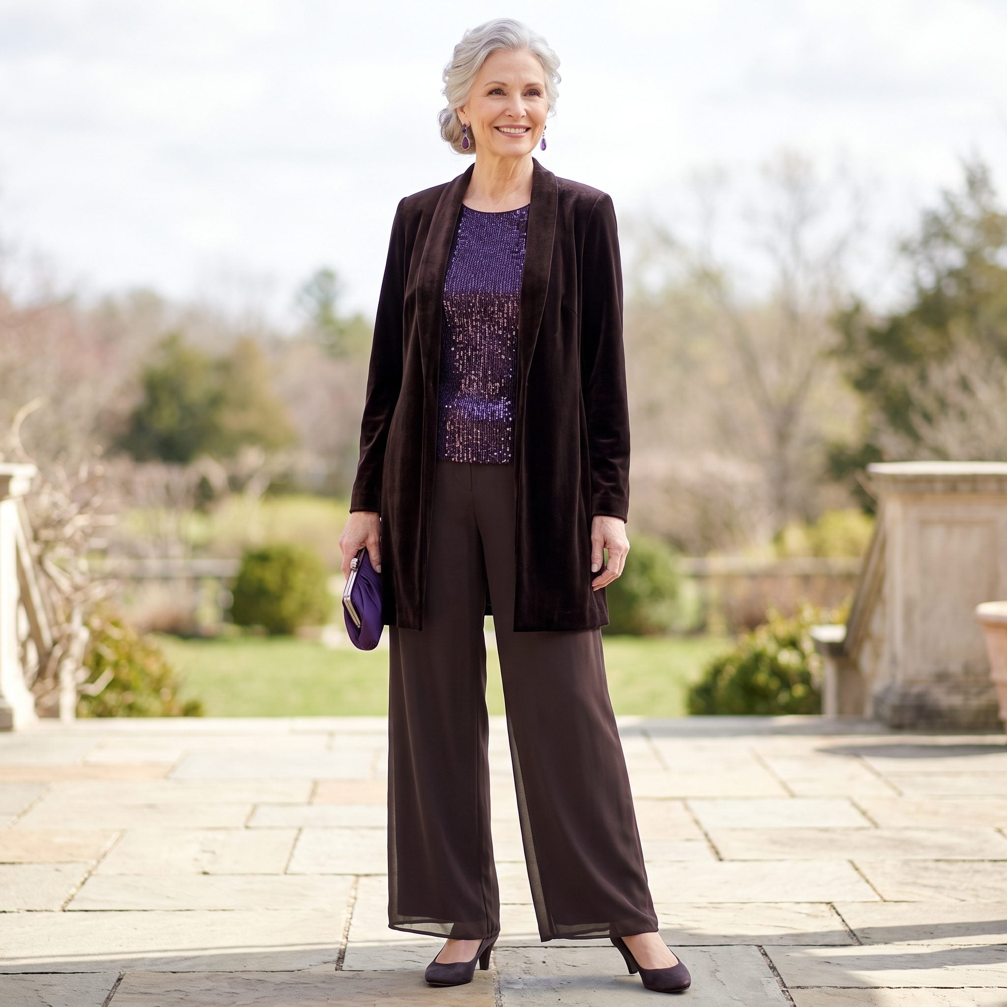 Midnight-purple sequin top with an espresso velvet jacket and chiffon palazzo trousers