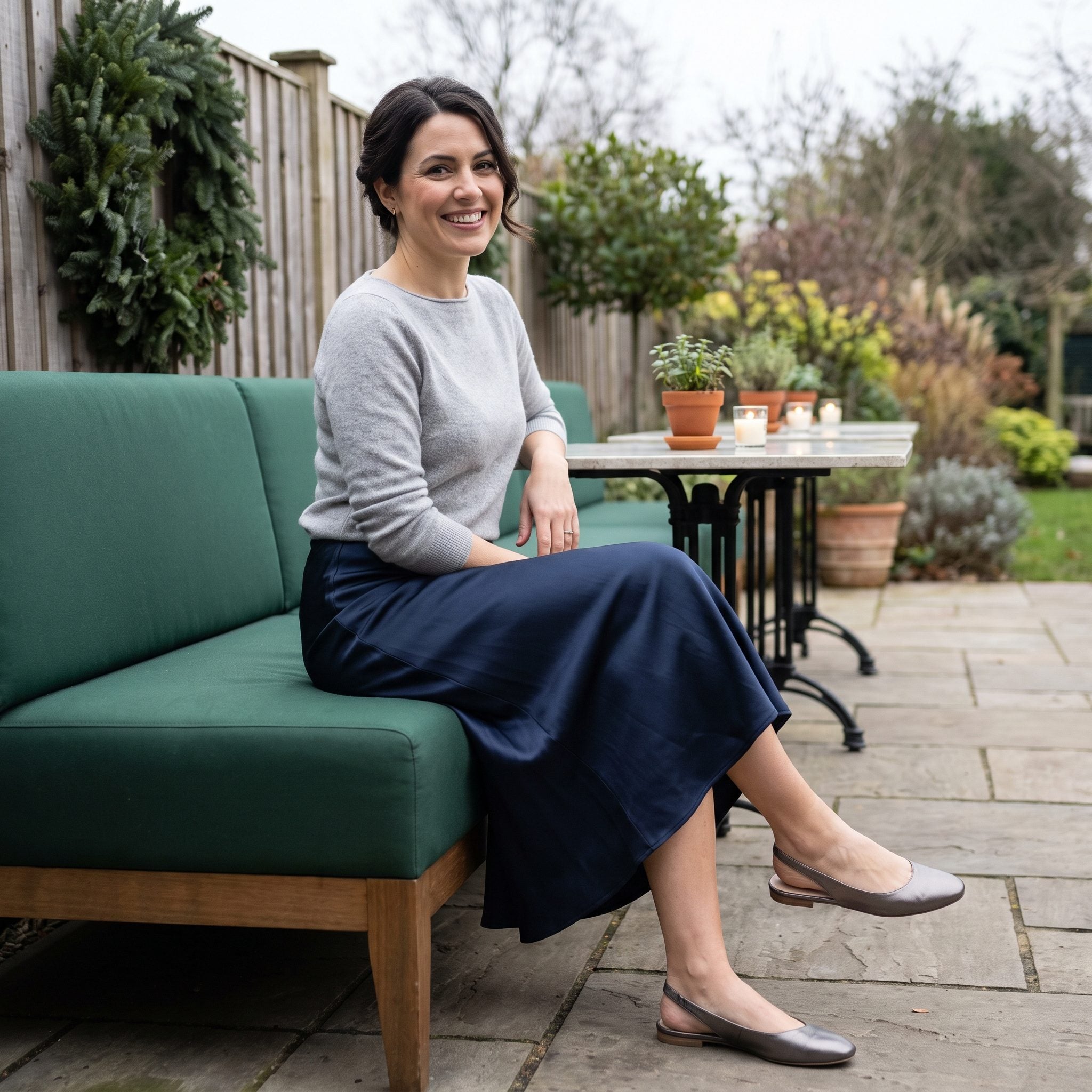 Midnight satin midi skirt with a silver cashmere sweater