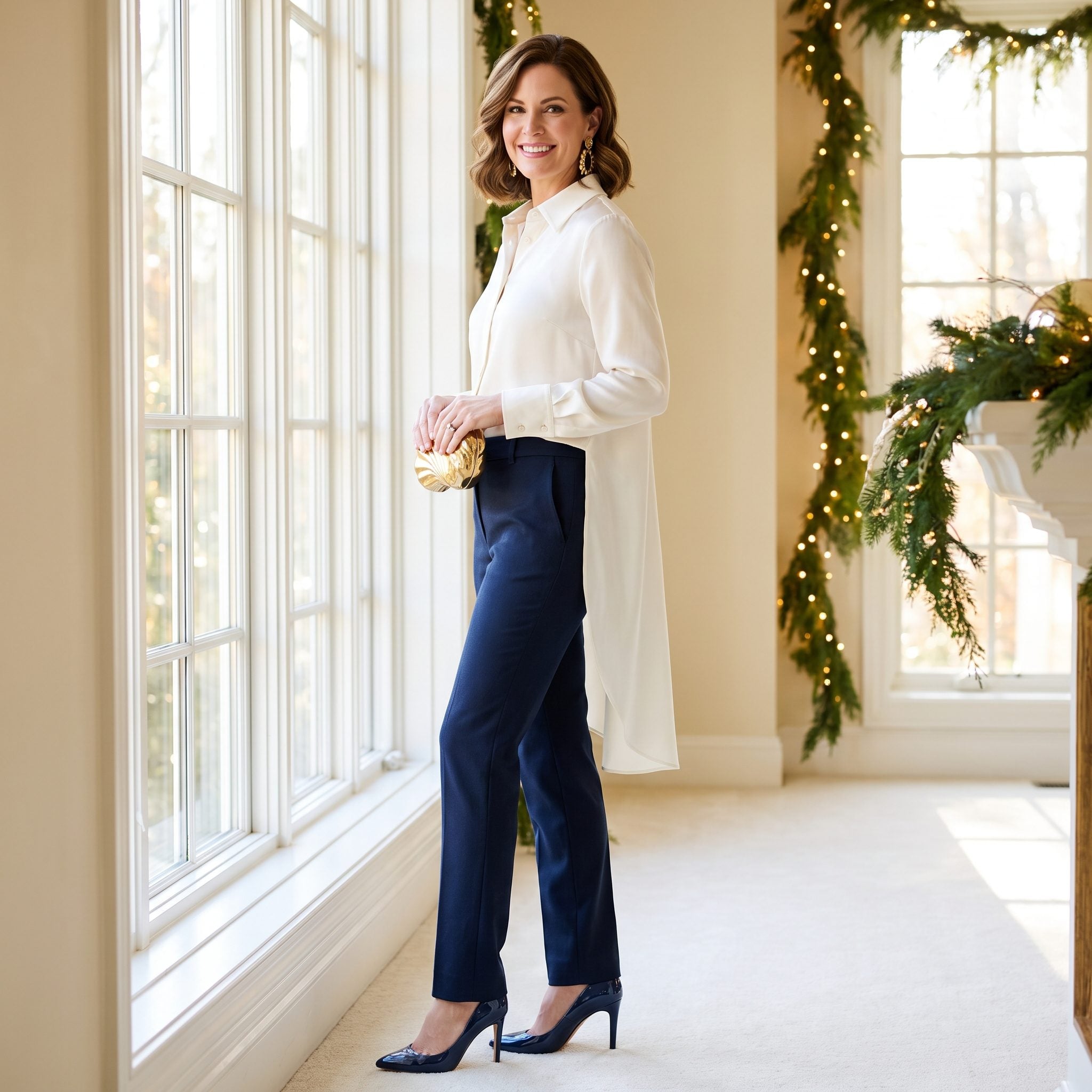Midnight Tailored Trousers With an Ivory High-Low Evening Shirt