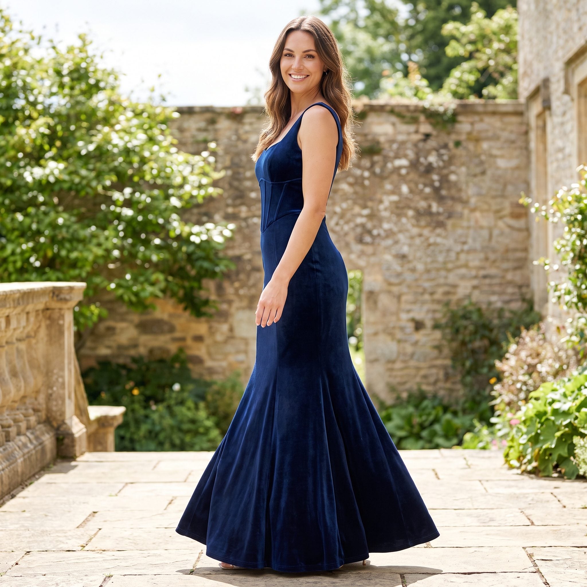 Midnight blue velvet evening gown with an off-the-shoulder neckline and fishtail skirt