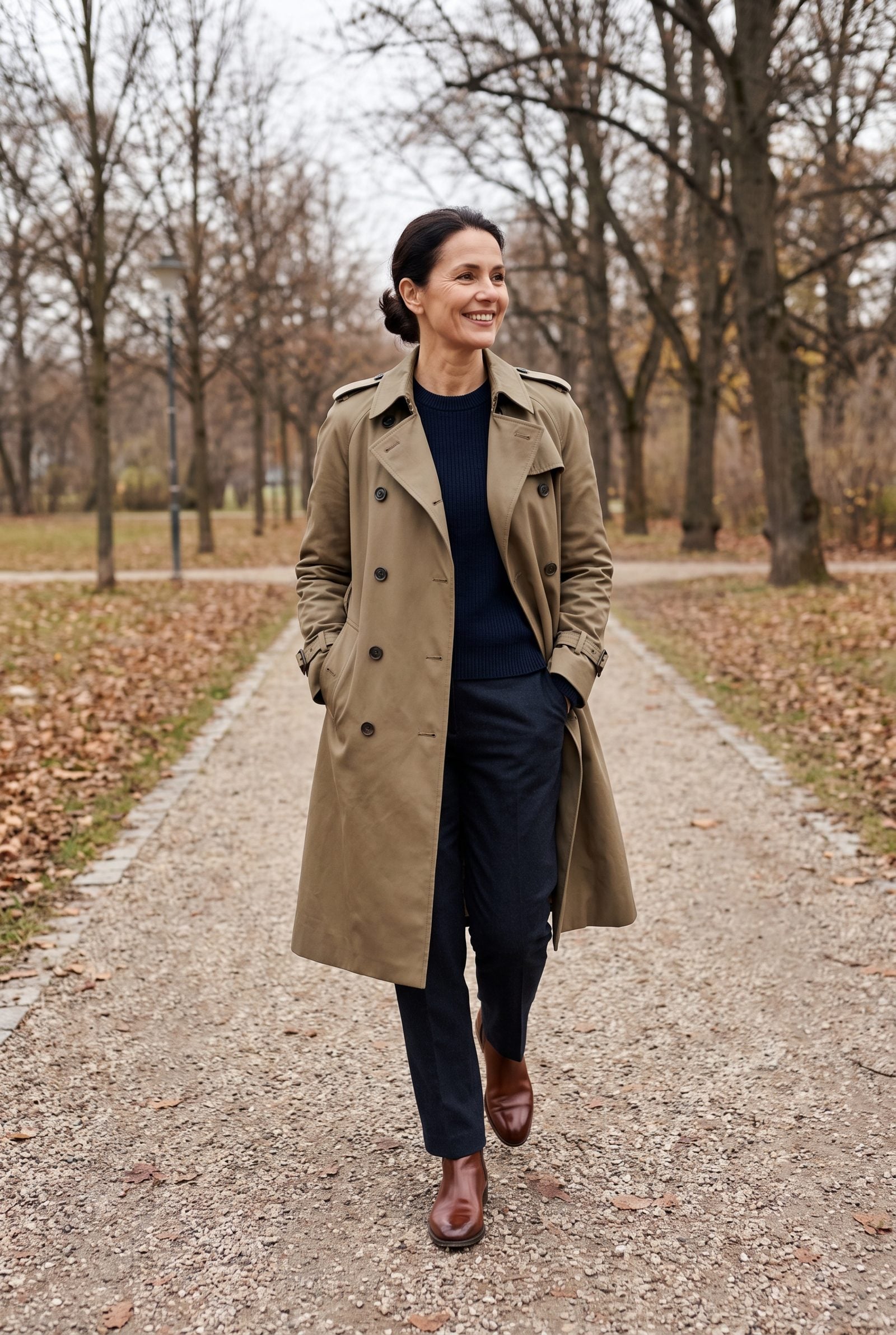 Woman in a khaki double-breasted trench coat with epaulettes and a tied belt walking a park path.