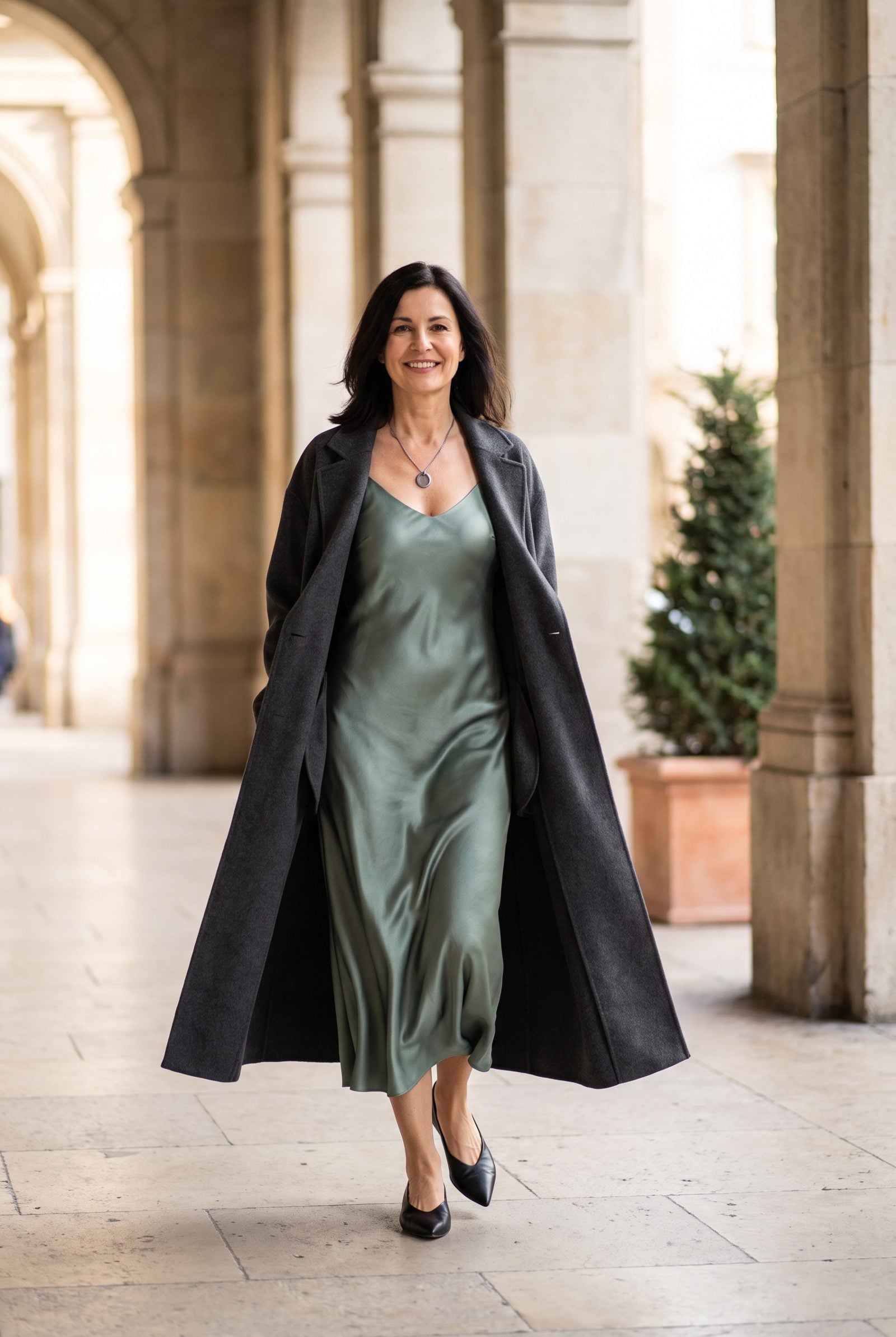 Mineral-Green Slip Dress Beneath a Long Charcoal Coat