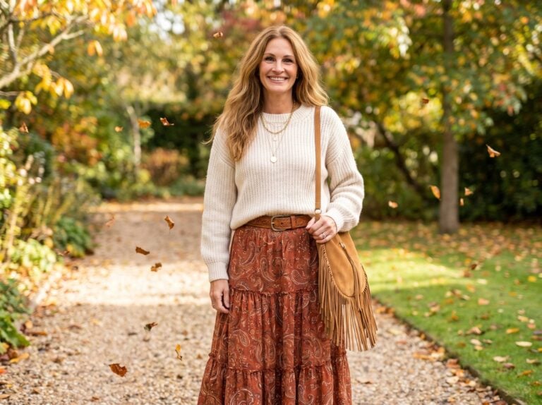 Woman in a boho maxi skirt and knit walking in autumn