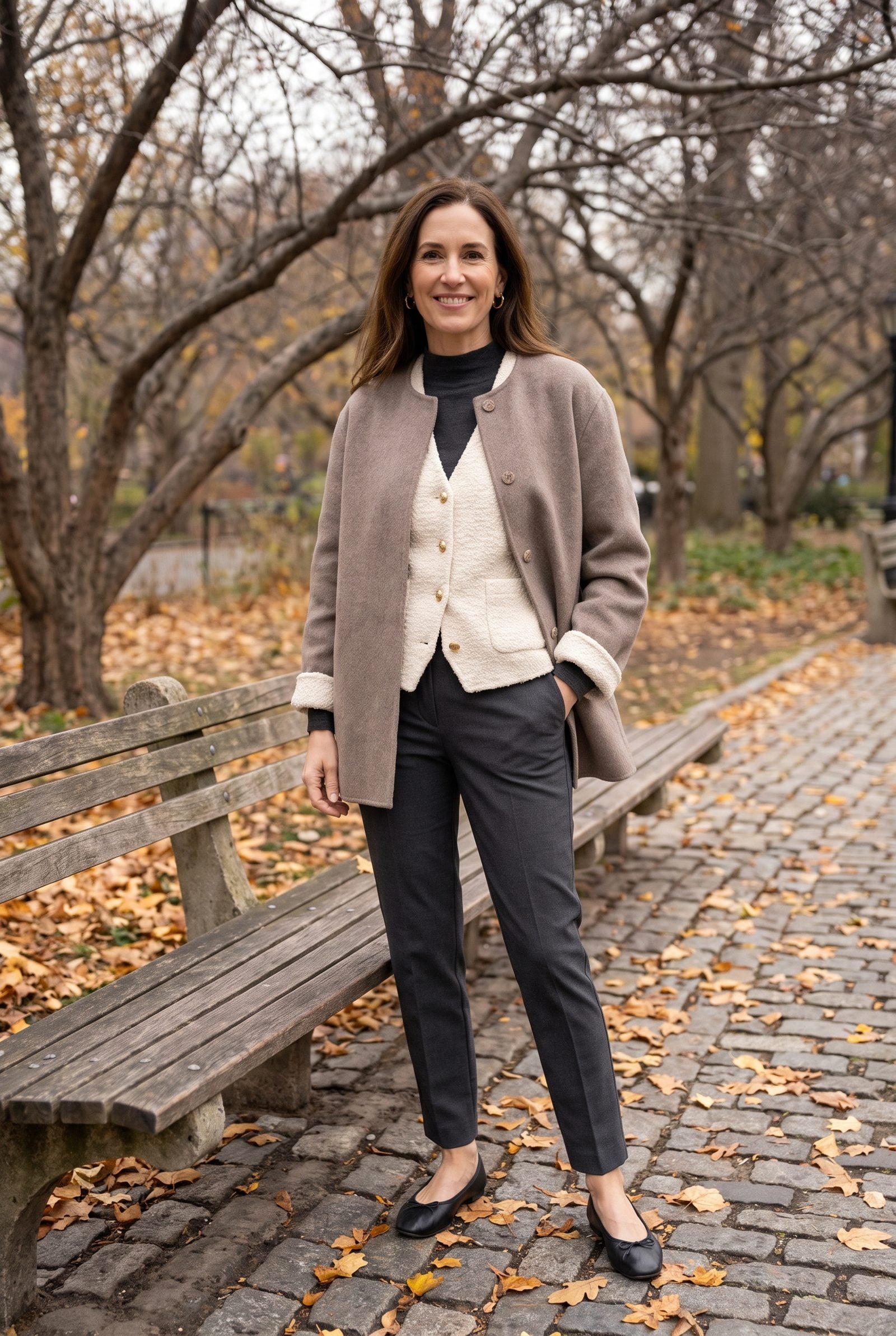 Mock-Neck Top + Bouclé Vest + Collarless Jacket