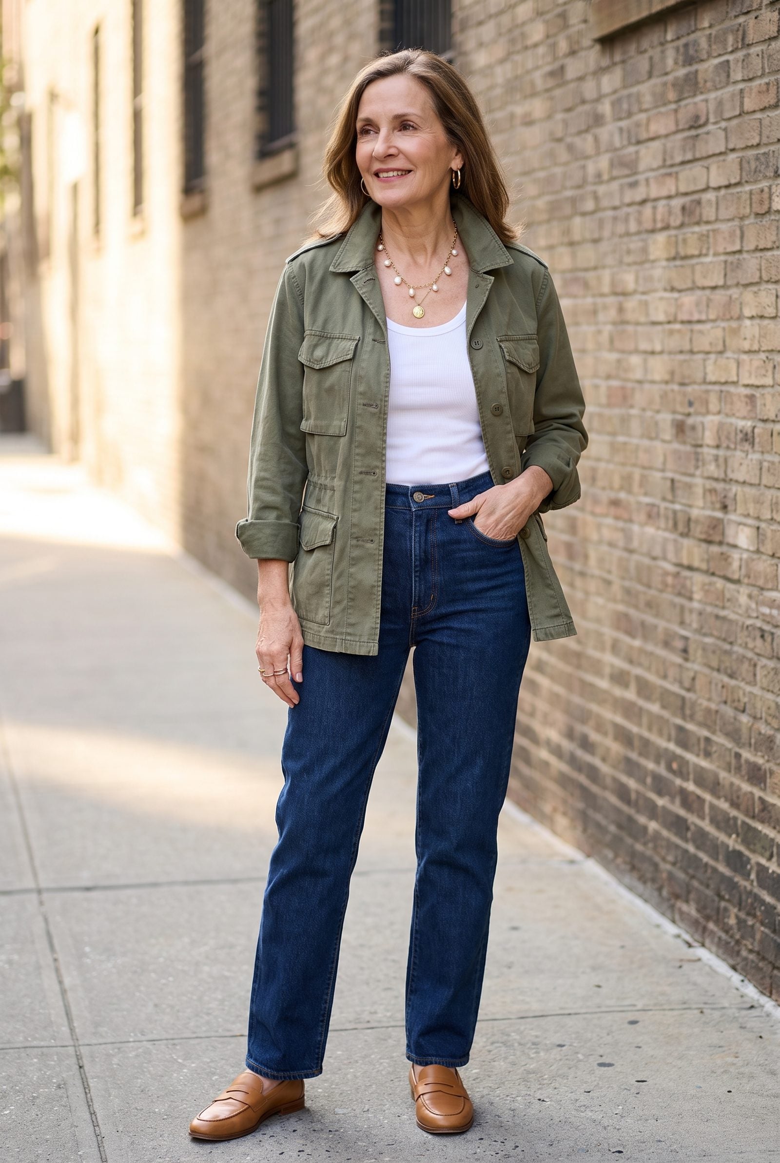 A Modern Pearl Charm Necklace With a Utility Jacket