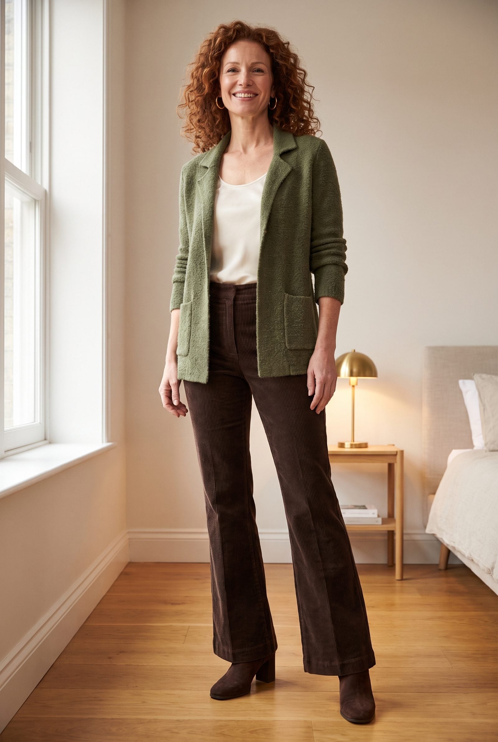 Moss-Green Cardigan Jacket + Dark-Brown Flared Trousers