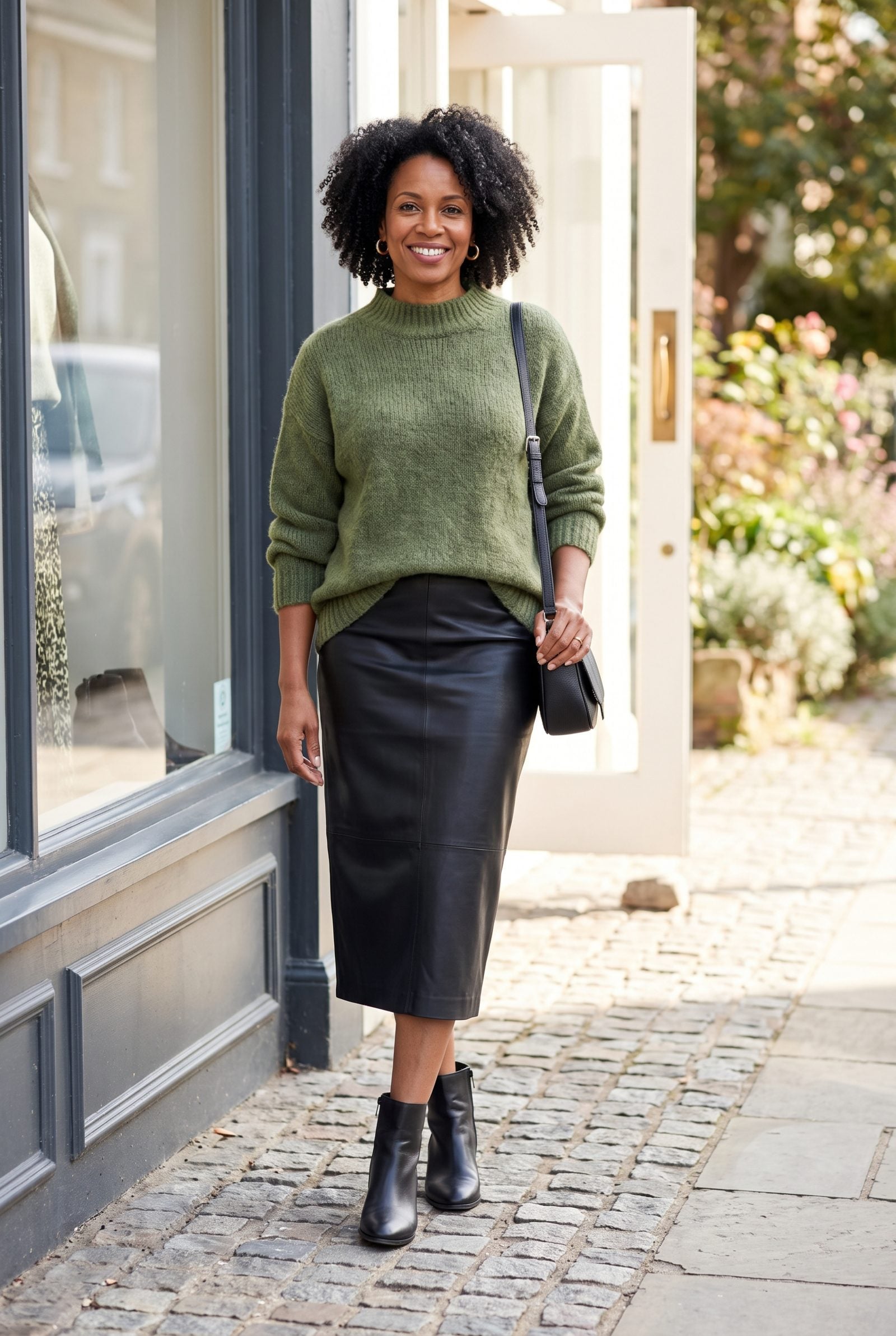 Moss-Green Sweater With a Black Leather Skirt