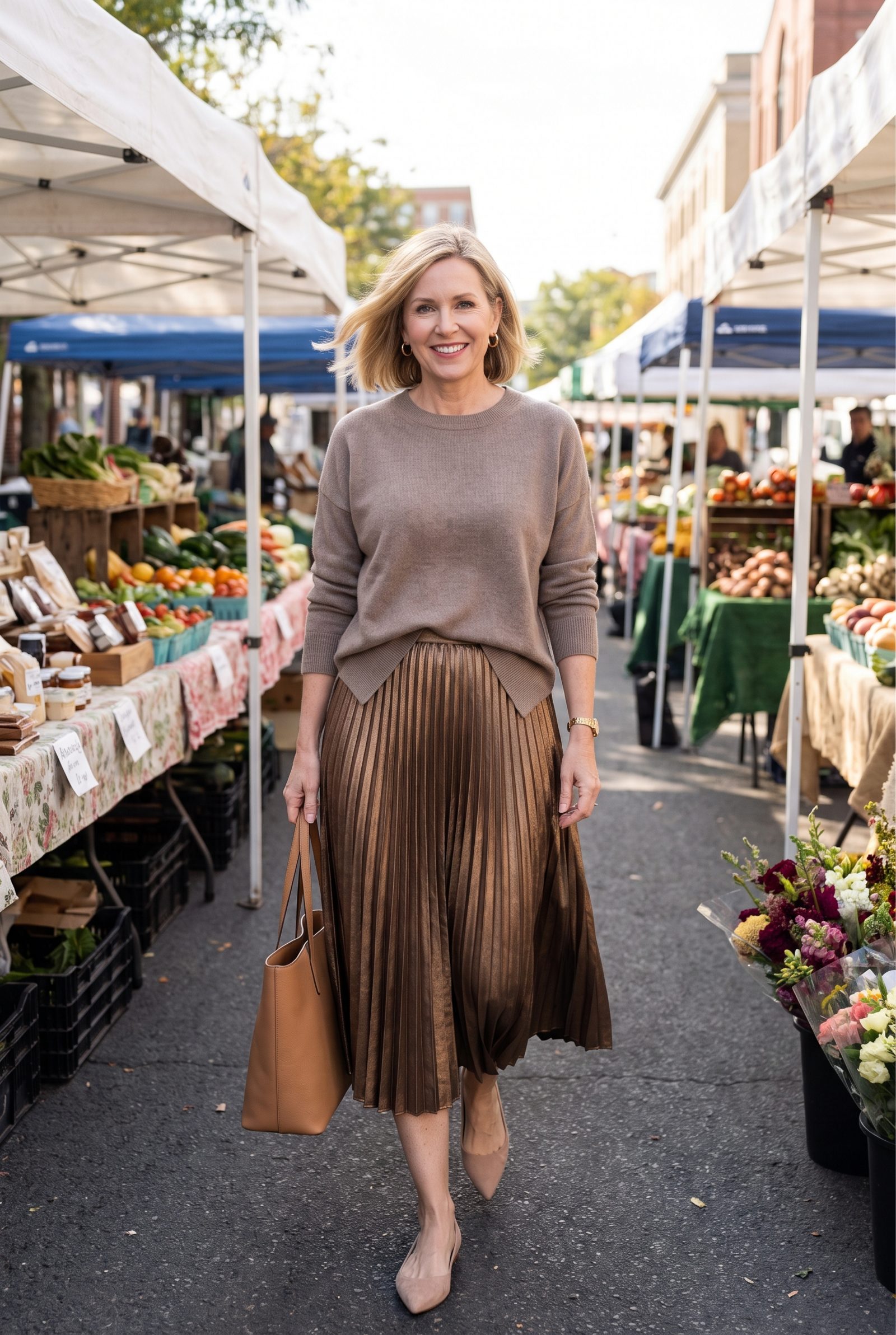 Mushroom Cashmere Sweater With a Bronze Pleated Skirt