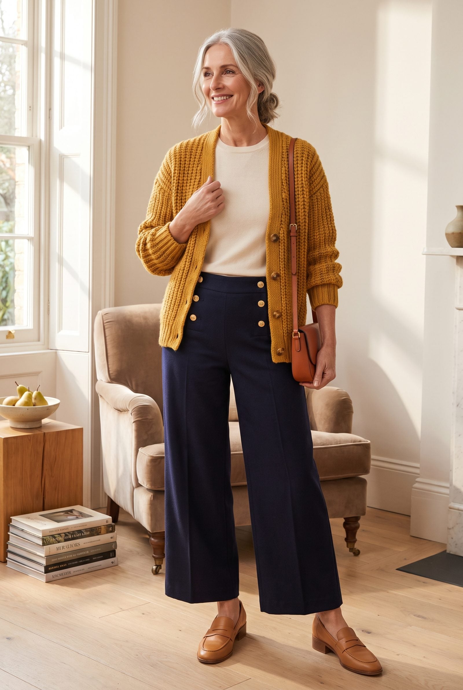 Mustard Cardigan + Navy Sailor Trousers