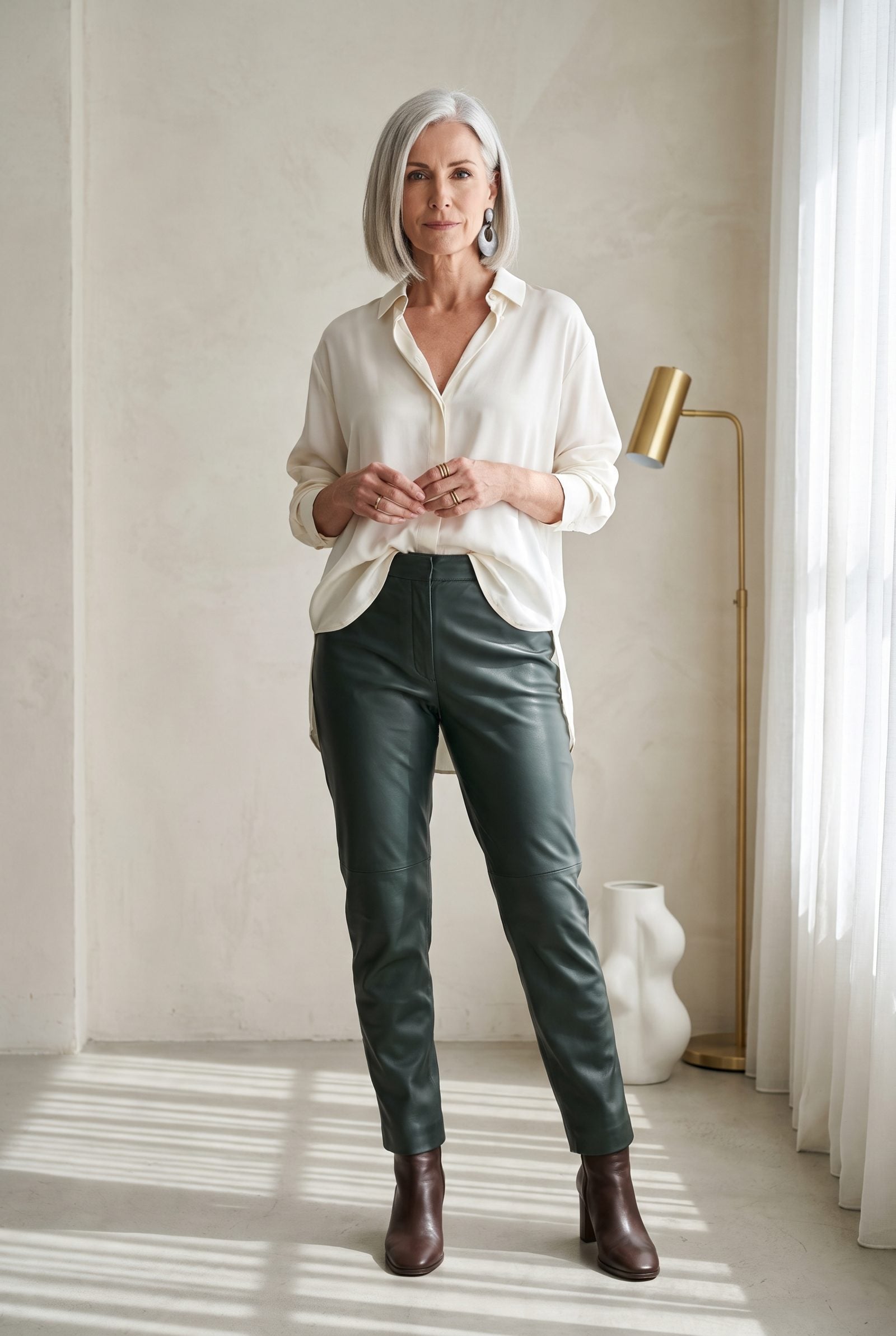 Myrtle-Green Leather Trousers With a Silk Tunic