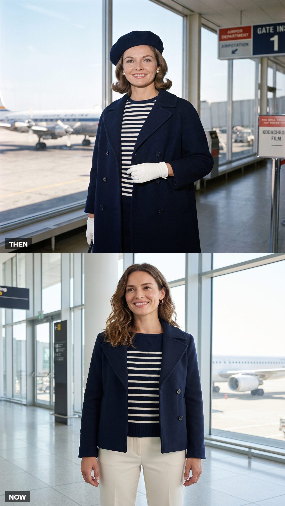 Vintage nautical travel outfit with beret and gloves compared with modern striped sweater and cream trousers
