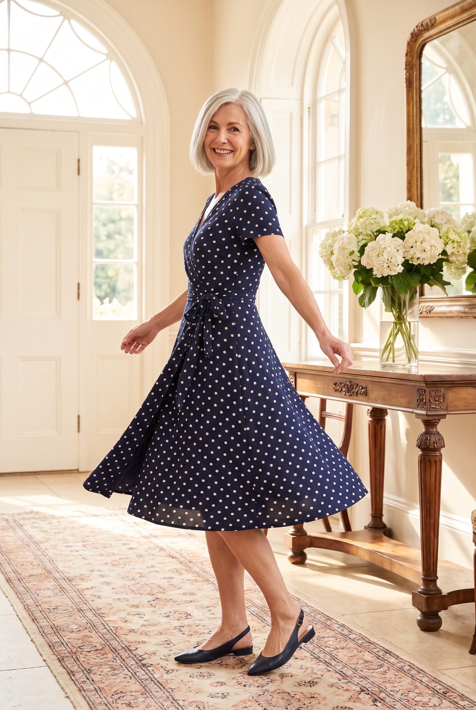 Navy-and-White Polka Dot Wrap Dress With Navy Slingback Flats