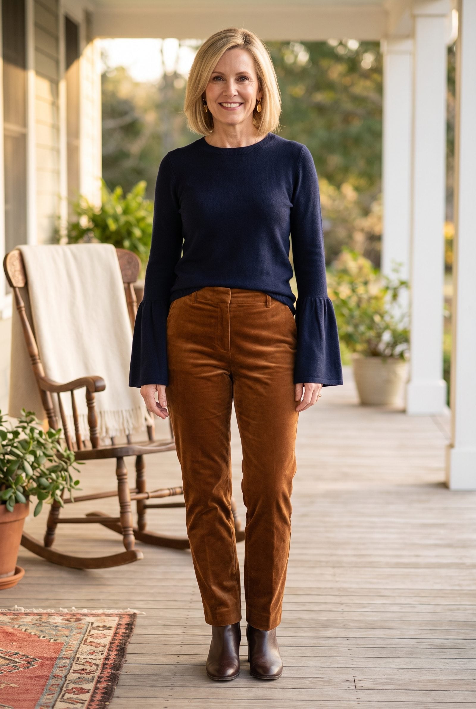 Navy Bell-Sleeve Sweater + Tobacco Velvet Pants