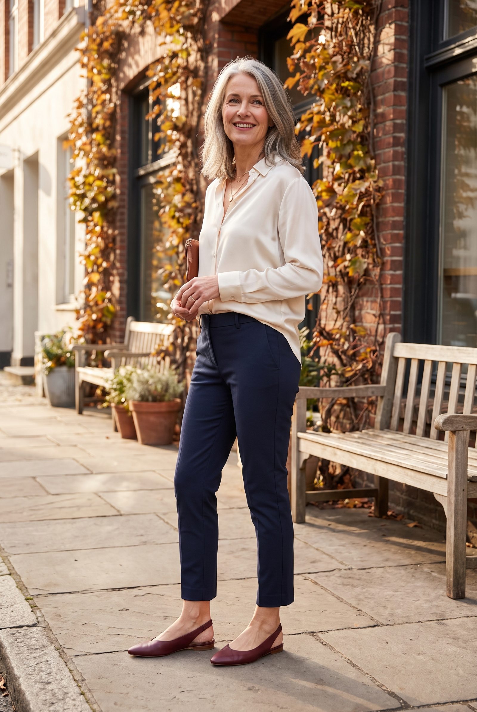 Navy Cigarette Pants With Burgundy Slingback Flats