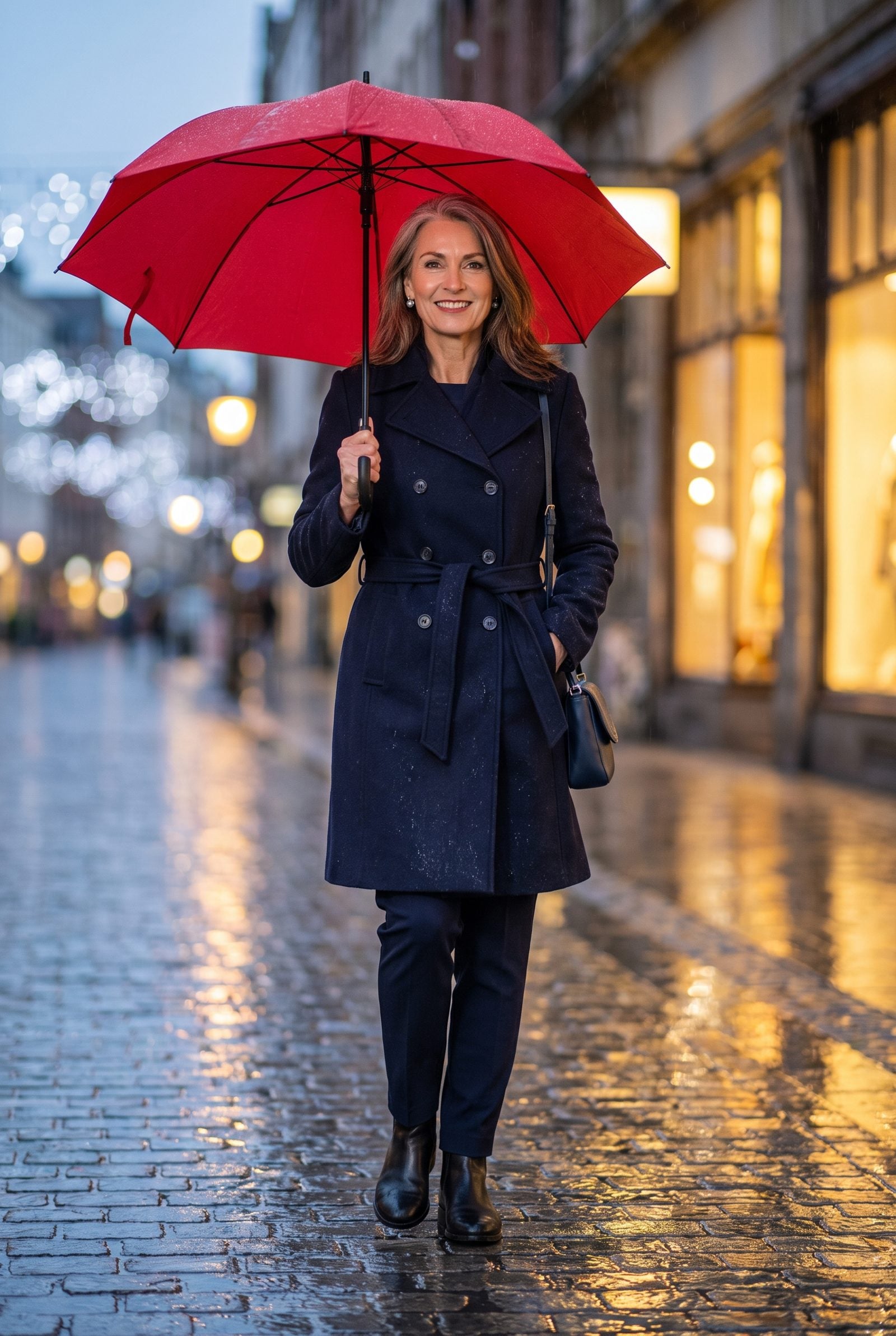 Navy Coat, Red Umbrella, and the Rainy-Street Trick