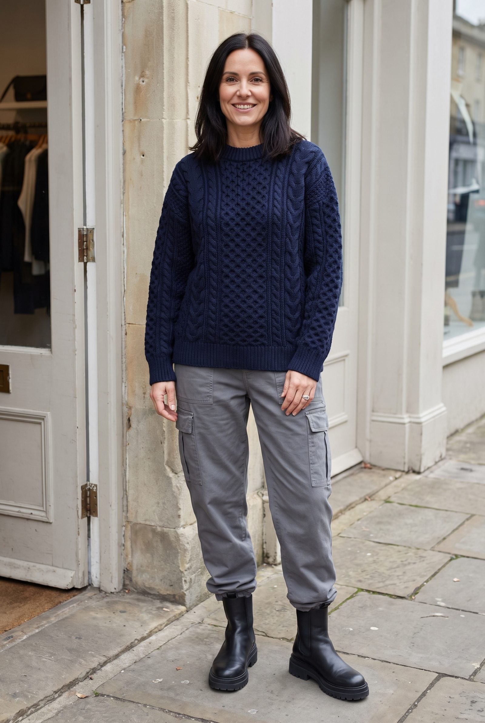 Navy Fisherman Knit + Gray Cargo Trousers