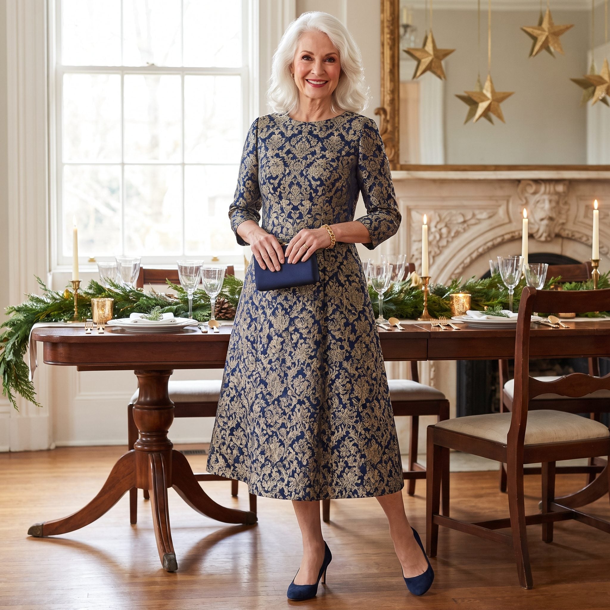Navy evening brocade dress with woven gold detailing