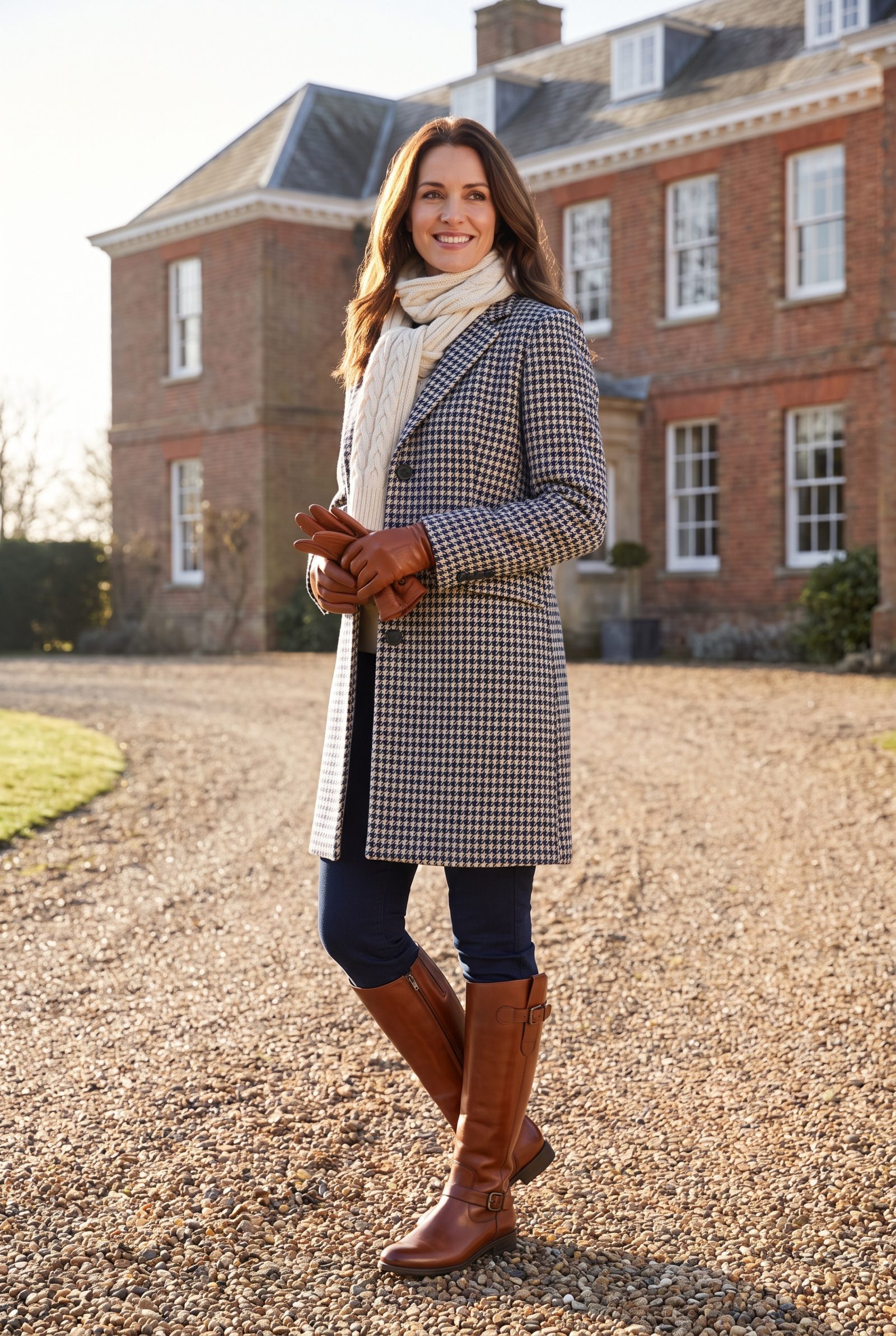 Navy Houndstooth Coat + Cognac Riding Boots
