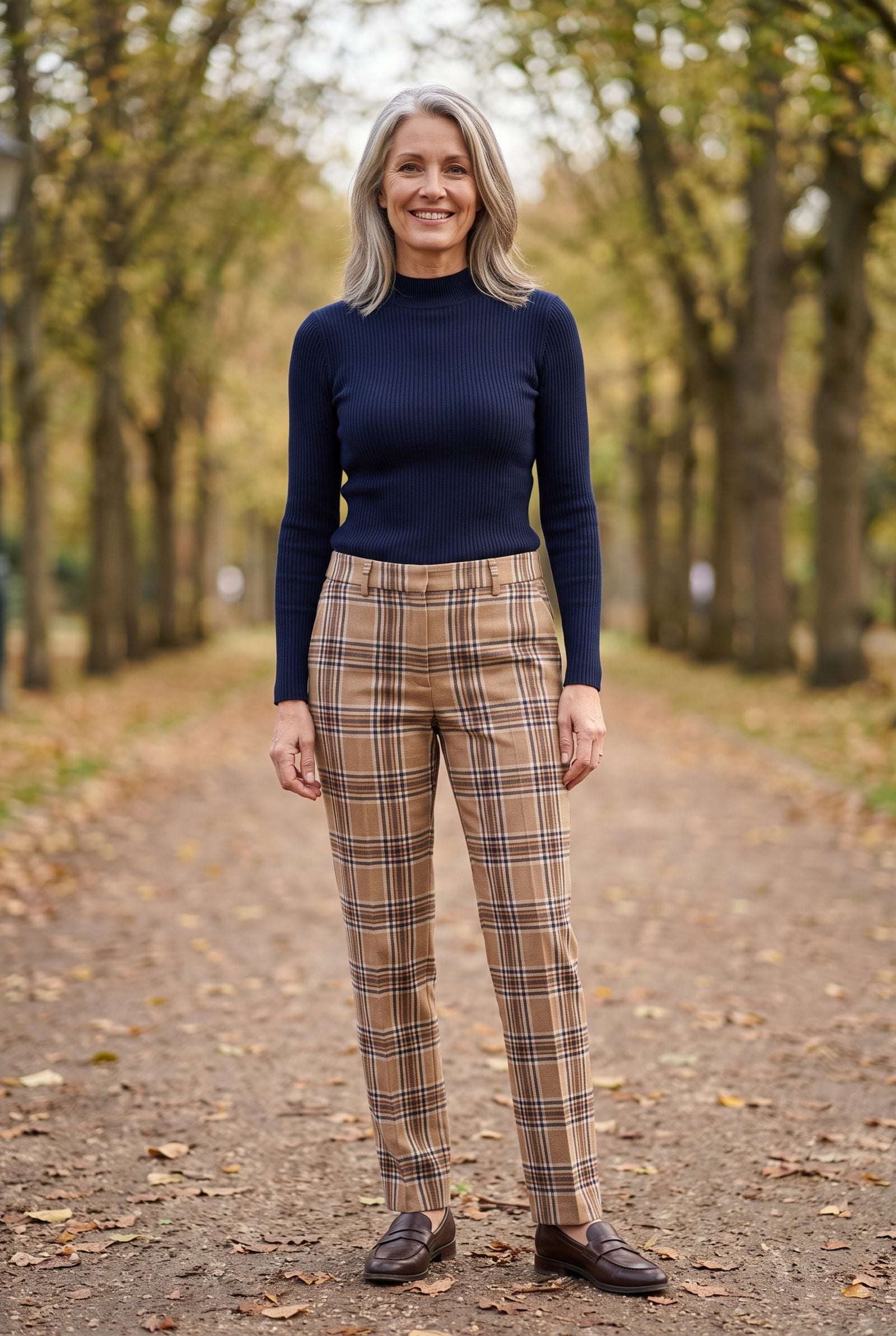 Navy Mock Neck + Tan Plaid Trousers