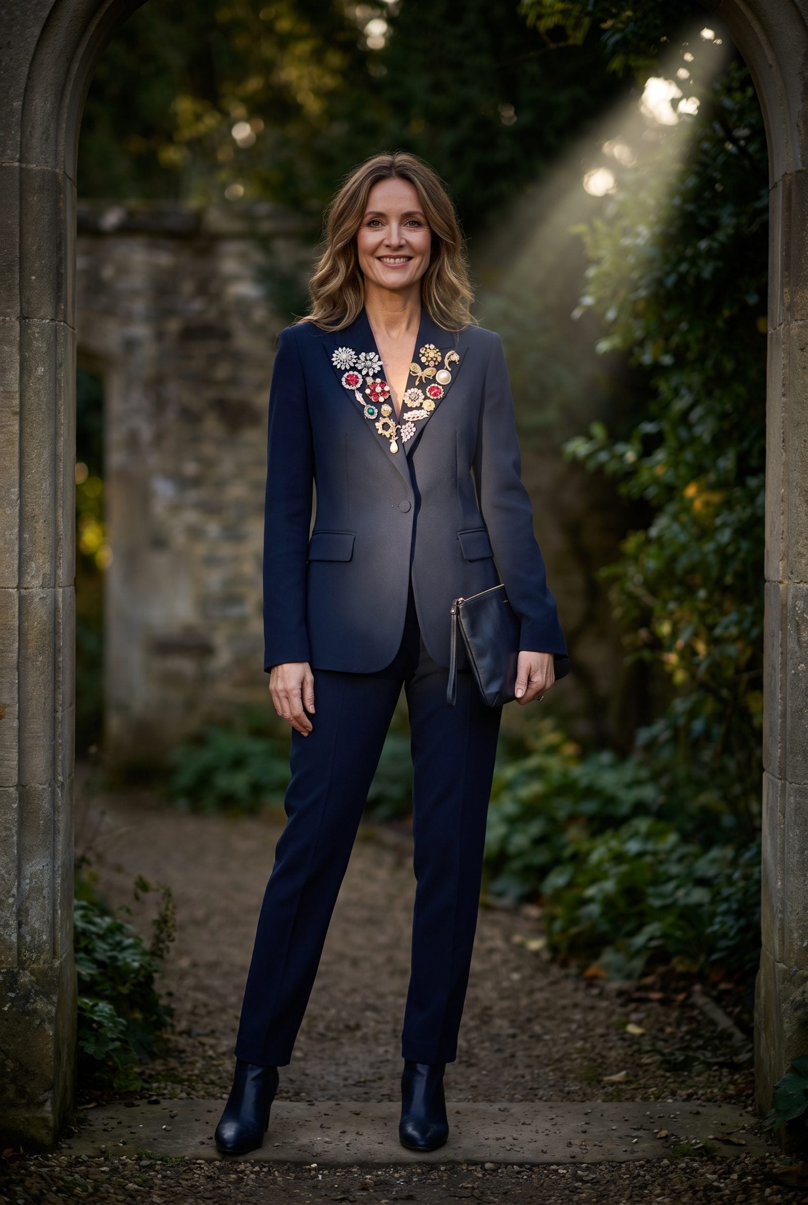 Navy Pantsuit With a Festive Brooch Cluster