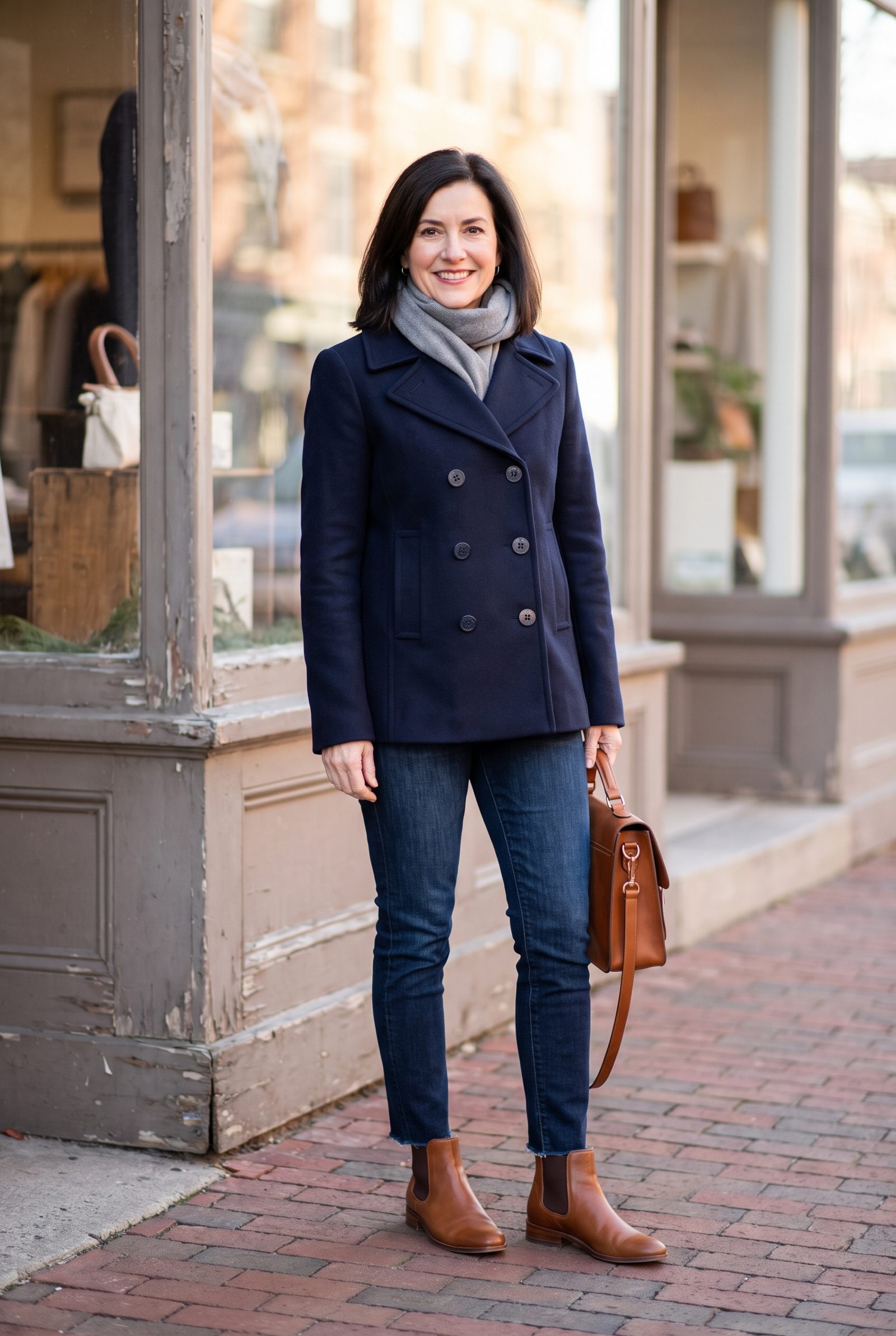 Navy Peacoat + Cognac Chelsea Boots